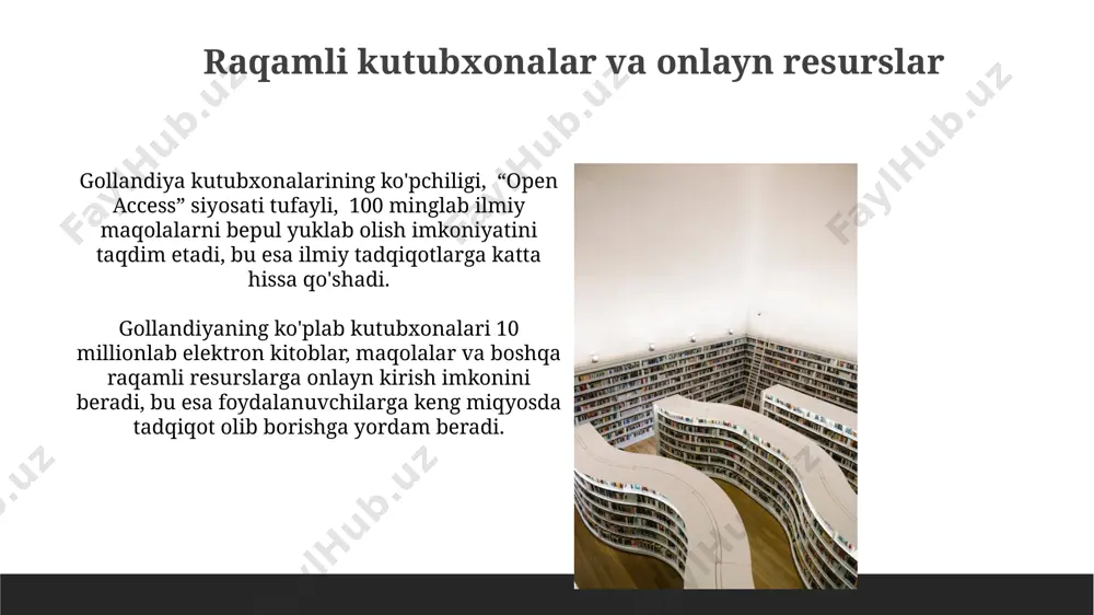 ni saqlaydi. viloyat va shahar kutubxonalari tarmog'i tarmoq yiliga o'rtacha 5 million dan ortiq foydalanuvchiga xizmat ko'rsatadi, shu bilan birga bolalar va o'smirlar uchun maxsus dasturlar ham mavjud. kutubxonalar tarmog'ining byudjeti yillik 50 million yevrodan oshadi va bu mablag'lar kutubxona fondini boyitish, infratuzilmani modernizatsiya qilish va xodimlarni malakasini oshirishga yo'naltiriladi. xalqaro hamkorlik va tajriba almashish нидерландия кутубхоначилари йилига ўртача 50 та халқаро конференция ва семинарларда иштирок этиб, европа ва жаҳон кутубхона тизимидаги энг яхши амалиётларни ўрганадилар. нидерландия кутубхоналари 20 дан ортиқ халқаро ташкилотлар билан, жумладан, ifla каби йирик ташкилотлар билан фаол ҳамкорлик қилади ва инновацион технологиялар бўйича тажриба алмашади. gollandiya kutubxona tizimining kuchli tomonlari gollandiya kutubxonalari yillik 5 million dan ortiq foydalanuvchiga xizmat ko'rsatib, yuqori darajadagi jamoatchilik ishtirokini va ta'sirini ko'rsatadi. gollandiya kutubxonalari tarmog'i 1000 dan ortiq muassasani o'z ichiga olib, keng qamrovli axborot resurslariga kirishni ta'minlaydi. bolalar va o'smirlar uchun kutubxona xizmatlari ko'plab kutubxonalar bolalar va o'smirlar uchun maxsus …