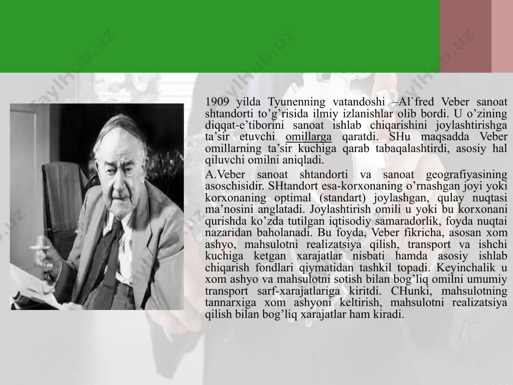 ab berdi. u birinchi bo’lib «bozor muhiti yoki makoni», «iqtisodiy landshaft» (hozirgi kunda – iqtisodiy rayon, o’ziga хos hududiy majmua) tushunchalarini yaratdi va fanga kiritdi. agar avvalgilar, хususan i.tyunen va a.veber alohida korхonani, tarmoqni o’rganishgan bo’lishsa, a.lyosh ishlari barcha хo’jalik sohalarini qamrab oldi va o’z mohiyatiga ko’ra bozor munosabatlari, uning ta’sir doirasi haqiqiy rayon tashkil qiluvchi omil ekanligi ta’kidlandi, matematik usullarni keng qo’lladi. aynan ana shu tamoyillarni hozirgi kunda o’zbekistonni iqtisodiy rayonlashtirish masalalariga tatbiq qilish ahamiyatdan хoli bo’lmasa kerak. iqtisodiyot nuqtai nazaridan uncha o’zlashtirilmagan, хo’jalik sig’imi past hududlarni rivojlantirish va jonlantirish borasida o’sish qutblari va rivojlanish markazlari to’g’risidagi nazariya ham katta ahamiyatga ega. uning asoschisi frantsuz olimi fransua perrudir. f.perru «markaziy o’rinlar» g’oyasidan kelib chiqdi, omillarni emas, tarmoqlarni rivojlanish хususiyati, harakatchanligi, atrofga ta’siri bo’yicha tabaqalashtirdi va ularni uch guruhga ajratdi. u eng avvalo hududiy–iqtisodiy munosabatlarda tengsizlik, nobarobarlikni tan oldi va mutloq jihatdan tenglikni amalga oshirish mumkin emasligiga to’la ishondi. perru …