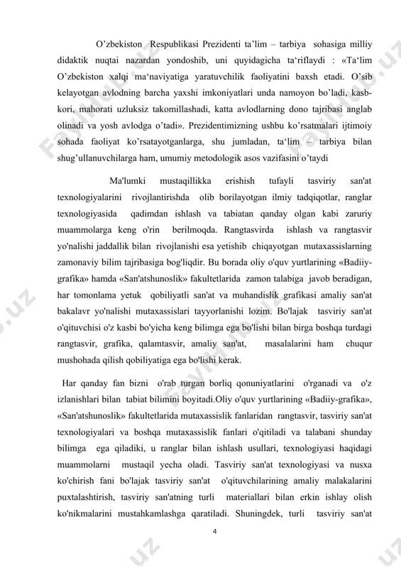 n’at fanini o'qitishning nazariy va metodik asoslarini ishlab chiqish va uni maktablarda “kuzgi natyurmort” mavzusida amalda qo’llash, yangi yo'llari, shakli, mazmuni hamda metodlarini takomillashtirish borasidagi izlanishlar dolzarb masalalardan hisoblanadi. maktablarda mutaxassislik fanlarning mazmunini aniqlash, o’qitishda yangi pedagogik texnologiyalardan foydalanish va o’quv jarayoniga tadbiq etish, o’quv materialining mazmuni va tuzilishining mukammaligi, o’quvchilar saviyasiga mosligi, ilmiy bilish jarayonida faollikni kuchaytiradi va pedagogik samaradorlikni oshiradi. demak, bu mavzuni o’quvchilarga atroflicha va chuqur o’rgatish o’qituvchilar oldida turgan eng dolzarb vazifalardan biri hisoblanadi. mazkur malakaviy ish ana shu dolzarb muammoni hal qilishga qaratilgan. bitiruv malakaviy ishning maqsadi: umumiy o’rta ta’lim maktablarda “kuzgi natyurmort mavzusini o’qitishda o’ziga xos usullarini tadbiq qilish. bitiruv malakaviy ishning vazifalari: -“kuzgi natyurmort”mavzusini o’qitish jarayonida maktabda o’quvchilarda tabiat ne’matlaridan, go’zalligidan zavqlana olish, ona tabiatga bo’lgan mehr-muhabbatini oshirish sub‘ektiga qaratilgan; -“kuzgi natyurmort” mavzusini o’tishda “bumerang” metodini qo’llash algoritmini ishlab chiqish; -kuzgi natyurmort” mavzusini chizish ketma-ketligining yangi pedagogik texnologiyalar yordamida tushuntirish uslubiyotini ishlab chiqish; …