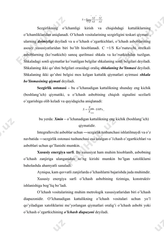 ni bilan ko’rsatuvlar diapazoni mos keladi. o’lchash diapazonining eng kichik va eng katta qiymatlari o’lchash chegarasi deyiladi. masalan, statsionar o’lchash kuchlanish transformatorlarining o’lchash diapazoni 0.8 u1 n dan to 1.2 u1 n gacha bo’lib nominal kuchlanishining 0.8 u1 n dan kichik va 1.2 u1 n dan yuqori, kuchlanishlari uchun xatoliklar me’yorlanmaydi. xatolik – o’lchash vositalarining muhim xususiyati hisoblanadi va u quyidagi turlarga bo’linadi: absolyut, nisbiy va nisbiy keltirilgan. bu xatoliklar xususida keyingi mavzularda yetarli ma’lumot beriladi. o’lchash vositalarining yana muhim xususiyatlaridan biri – chiqish signalining variatsiyasidir. (o’lchash asboblar uchun- asbob ko’rsatishining variatsiyasi deyiladi). variatsiya deganda biror kattalikni sharoitini o’zgartirmagan holda, takror o’lchanganda hosil bo’ladigan eng katta farqga tushuniladi va quyidagicha aniqlanadi. variatsiya kattalikni kirish qiymatlari (kirish bo’yicha variatsiyasi) yoki chiqish qiymatlari (chiqish bo’yicha variatsiyasi) dan aniqlashnish mumkin. o’lchash vositalarning aniqlik klassi – bu muayyan turdagi o’lchash vositasining umumlashgan xarakteristikasi bo’lib, uning aniqlik darajasini aks ettirib, asosiy va qoshimcha xatoliklarining chegarasi …