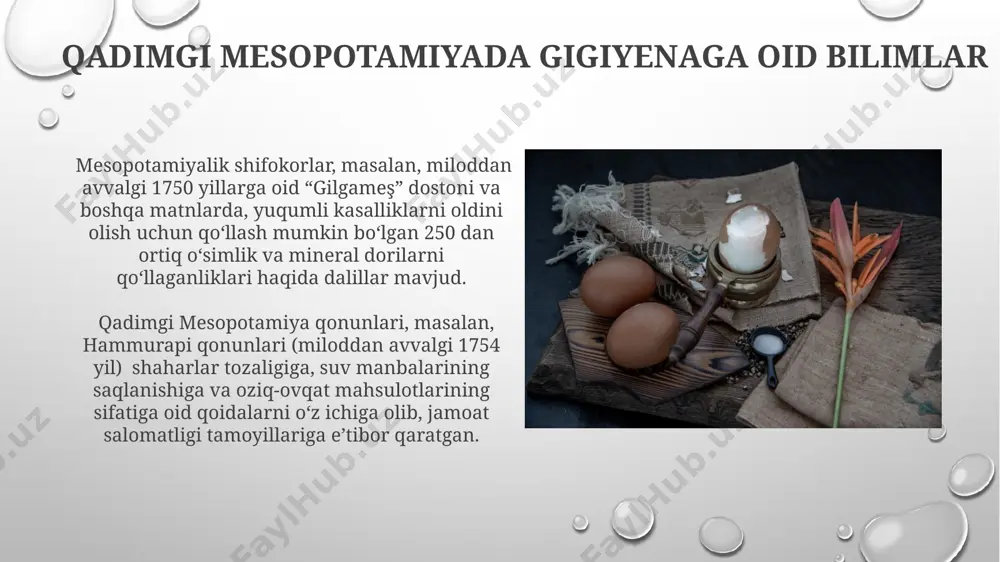 iqni saqlash inshootlari keng tarqalgan bo'lib, ularning sanitariya sharoitlari o'sha davr uchun nisbatan yuqori darajada edi. qadimgi misrda, taxminan miloddan avvalgi 3000 yillarda, kasalxonalar deb atash mumkin bo'lgan maxsus muassasalar mavjud bo'lib, ularning xodimlari shifokorlar va hamshiralardan iborat edi, davolash uchun o'simliklar va mineralardan foydalanishgan. qadimgi yunonistonda gigiyenaning rivojlanishi qadimgi yunonistonda, miloddan avvalgi 5-asrda, gipokrat kabi taniqli shifokorlar tomonidan sog'liqni saqlash va gigiyena haqida 40 dan ortiq risolalar yozilgan bo'lib, ular yuqumli kasalliklarning oldini olishga oid ko'rsatmalarni o'z ichiga olgan. olimpiya o'yinlari davrida, miloddan avvalgi 8-asrdan boshlab, sportchilarning gigiyena qoidalariga rioya qilish, musobaqalar oldidan va undan keyin tanani tozalash, delphi va olimpia kabi muqaddas joylarda amaliyotga kiritilgan. qadimgi rimda jamoat salomatligi va gigiyenasi qadimgi rimda 50 dan ortiq jamoat hammomlari (thermae) mavjud boʻlib, ular shahar aholisi uchun suv taʼminoti, sanitariya va ijtimoiy hayotning muhim qismi hisoblangan. rim imperiyasi davrida kanalizatsiya tizimlari, masalan, cloaca maxima kabi ulkan inshootlar, shaharlarni axlat va …