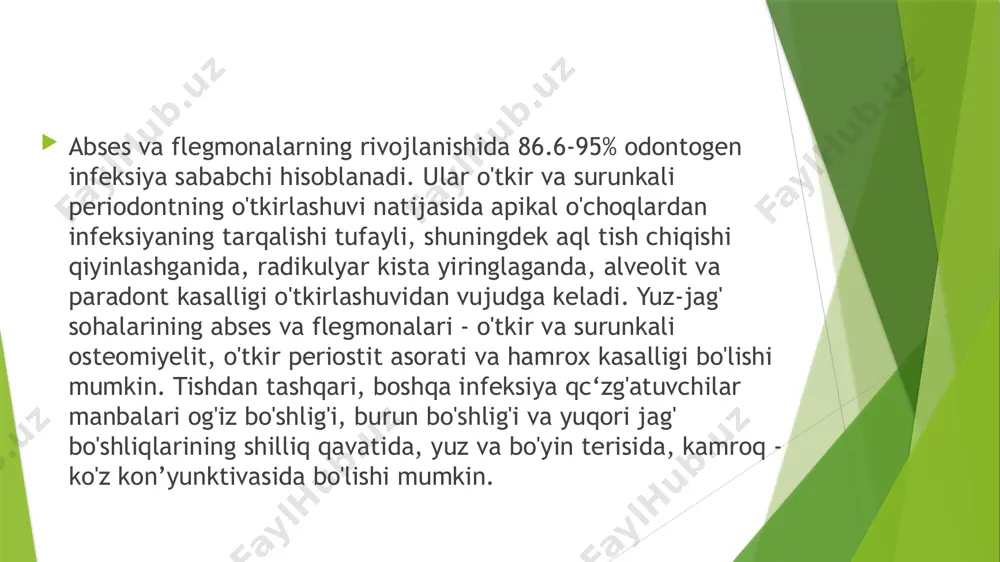 klinik kechishi: yiringli yallig'lanish jarayonining rivojlanishida va kechishida uch yetakchi omil katta ahamiyatga ega: 1) to'qimaga tushgan mikroblar turi, xususiyatlari va soni 2)mikrob tushgan to'qima anatomo topografik xususiyatlari 3)organizm himoya vazifasini bajaruvchi nospetsifik va spetsifik himoya mexanizmlari (xujayra va gumoral immunitet) abses va flegmonalaming mahalliy klinik ko'rinishi yuz-jag' va bo'yin sohalarining anatomo-topografik xususiyatlariga bog'liqdir. anatomo-topografik joylashish nuqtai nazaridan, odontogen abses va flegmonalarni shartli ravishda 2 guruhga bo'linadi. 1. jag' atrofi abses va flegmonalari: 1) pastki jag'ga yondosh to'qimalarda, 2)yuqori jag'ga yondosh to'qimalarda. bu kichik guruhlar o'z navbatida yuzaki: a) ko'z osti, lunj sohalari, b)pastki jag' osti, daxan osti uchburchagi, quloq oldi-chaynov va chuqur: a)chakka osti, qanot tanglay chuqurchasi, b)qanotsimon-pastki jag', yutqin yoni bo'shliqlari, til osti og'iz bo'shlig'i tubilariga bo'linadi. 2. jag' atrofidagi abses va flegmonalar biridan-biriga tarqalishi hisobiga(yonoq, chakka sohalari, ko'z soqqasi, jag' orti va bo'yin sohalari) til abses va flegmonalari rivojlangan. 3. yuz va bo'yin tarqalgan flegmonalari pastki jag' …
