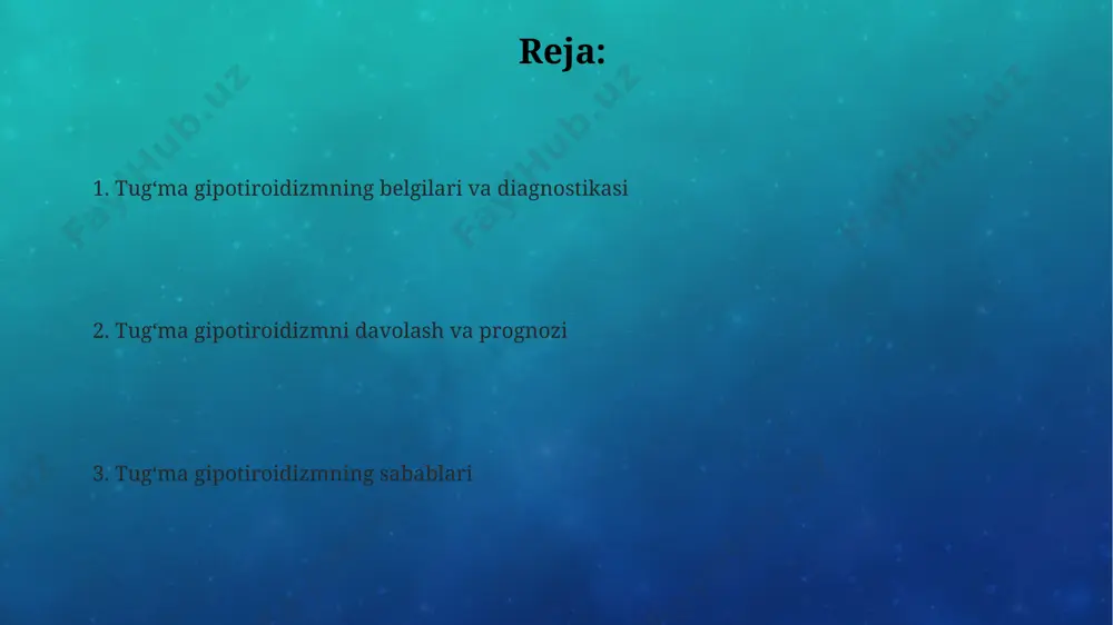umotlariga ko'ra, bolaning nutq rivojlanishiga salbiy ta'sir ko'rsatishi mumkin. gipotiroidizmning tugʻma shakli, agar davolanmasa, bolaning boʻyi oʻsishini 10-15 sm ga qisqarishiga, shuningdek, suyaklarning rivojlanishi buzilishiga olib kelishi mumkin, bu esa, masalan, toshkentdagi bolalar shifoxonalarida koʻp uchraydi. tugʻma gipotiroidizm bilan yashayotgan bolalarga qoʻshimcha yordam tugʻma gipotiroidizm bilan kasallangan 1000 tadan ortiq bola toshkent shahridagi ixtisoslashgan endokrinologiya markazida har yili davolanmoqda, ularga individual terapiya va 3 oyda bir marta monitoring oʻtkaziladi. samarqand viloyatida tugʻma gipotiroidizmli bolalarni qoʻllab-quvvatlash uchun maxsus reabilitatsiya dasturi ishlab chiqilgan boʻlib, unda nutq terapiyasi, erta rivojlantirish va psixologik yordamning 12 ta turi mavjud. oʻzbekistonning qishloq hududlarida yashovchi tugʻma gipotiroidizmli bolalar uchun uyga borib tekshiruv va davolashni taʼminlash maqsadida 5 ta mobil tibbiyot brigadasi tashkil etilgan boʻlib, ular yiliga 2000 dan ortiq bolaga yordam beradi. tugʻma gipotiroidizmning sabablari yod tanqisligi, ayniqsa, and togʻlari hududlaridagi kabi yod miqdori kam boʻlgan mintaqalarda, bolalarda qalqonsimon bezning yetarli darajada rivojlanmasligiga va natijada tugʻma gipotiroidizmga …