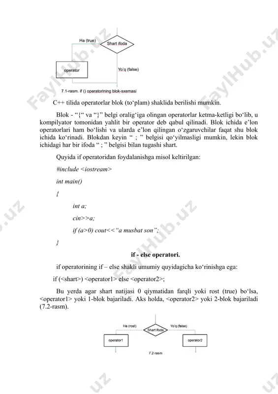 lok - “{“ va “}” belgi oralig‘iga olingan operatorlar ketma-ketligi bo‘lib, u kompilyator tomonidan yahlit bir operator deb qabul qilinadi. blok ichida e’lon operatorlari ham bo‘lishi va ularda e’lon qilingan o‘zgaruvchilar faqat shu blok ichida ko‘rinadi. blokdan keyin “ ; ” belgisi qo‘yilmasligi mumkin, lekin blok ichidagi har bir ifoda “ ; ” belgisi bilan tugashi shart. quyida if operatoridan foydalanishga misol keltirilgan: #include int main() { int a; cin>>a; if (a>0) cout ) else ; bu yerda agar shart natijasi 0 qiymatidan farqli yoki rost (true) bo‘lsa, yoki 1-blok bajariladi. aks holda, yoki 2-blok bajariladi (7.2-rasm). misol tariqasida diskriminantni hisoblash orqali kvadrat tenglamaning ildizini topish dasturini tuzamiz. #include #include using namespace std; int main() { float a, b, c, d, x1, x2; cin>>a; cin>>b; cin>>c; d = b*b – 4*a*c; if (d using namespace std; int main() { char javob; cout >javob; if (javob == “y”) { string ism; …