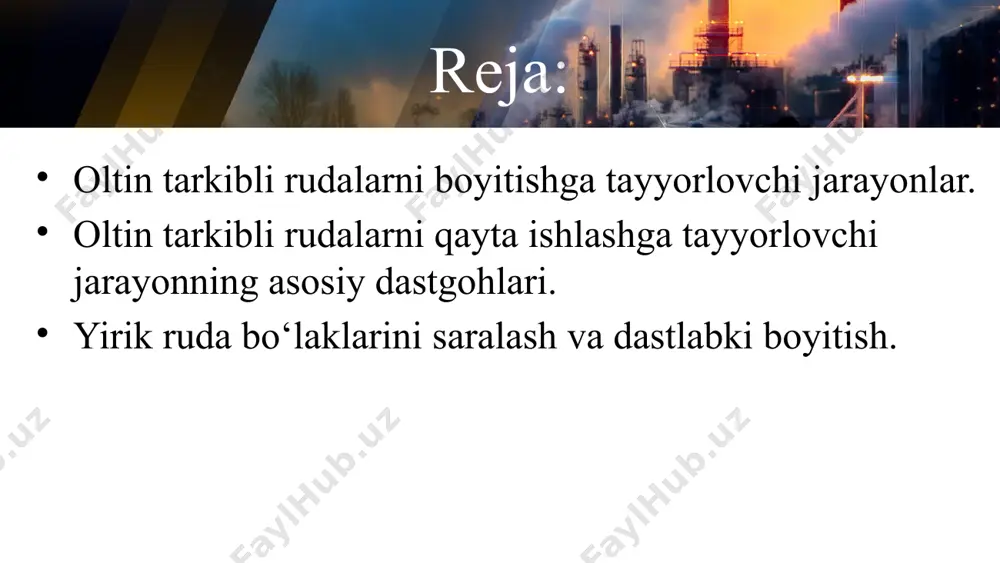 hish bosqichlarini aniqlab olish uchun ular avval tajriba sharoitida tadqiq qilib ko‘riladi. this presentation uses a free template provided by fppt.com www.free-power-point-templates.com maydalashning turlari: a) bolg‘ali maydalash. b) ezg‘alab maydalash. d) zarba ta'sirida maydalash. e) ishqalanish ta'sirida maydalash this presentation uses a free template provided by fppt.com www.free-power-point-templates.com suvli muhitda o‘zi yanchar tegirmonlar bu tegirmonlar qisqa barabanli, konussimon qopqoqqa ega. barabanlari sapfa qurilmasi orqali podshipniklar asosida aylanadi. yanchilgan ruda tegirmondan setkalar yordamida bo‘shatiladi. tegirmon «kaskad» mexanizmi- yopiq siklda ishlab, klassifikator yoki gidrotsiklon bilan birga o‘rnatilgan. ruda shag‘alli o‘ziyanchar jarayon suvli muhitda amalga oshiriladi. bunda ruda setkadan beriladi. yirik tosh, ruda bo‘laklari yanchuvchi vosita bo‘lib xizmat qiladi va shu orqali yanchish bosqichi aniqlanadi. this presentation uses a free template provided by fppt.com www.free-power-point-templates.com nodir metallarning boshqa metallardan farqi nodir metallar boshqa metallardan yuqori zichiligi bilan ajralib turadi va u bilan birga kelgan minerallar ham zichligi yuqori bo‘ladi. shu sababdan tug‘ma holdagi …