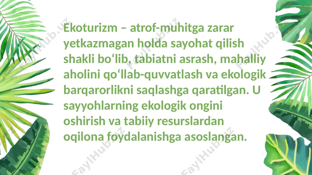 ik resurslardan samarali foydalanishni targ‘ib qiladi hamda karbonat chiqindilarini kamaytirishga yordam beradi. ekoturistlar uchun maslahatlar mahalliy mahsulotlardan foydalanish tabiatni ifloslantirmaslik plastik chiqindilarni kamaytirish transportdan oqilona foydalanish xulosa ekoturizm – kelajak sayohat turi bo‘lib, tabiiy muhitni asrash va ongli sayohat qilish muhim ahamiyat kasb etadi. uni rivojlantirish ekologik muvozanat va iqtisodiy farovonlik uchun muhimdir. thank you for watching image1.png image2.png image3.png image9.jpeg image4.jpeg image5.jpeg image6.jpeg image7.jpeg image8.jpeg image10.jpeg image11.png image12.jpeg image13.jpeg image14.jpeg image15.jpeg image16.jpeg