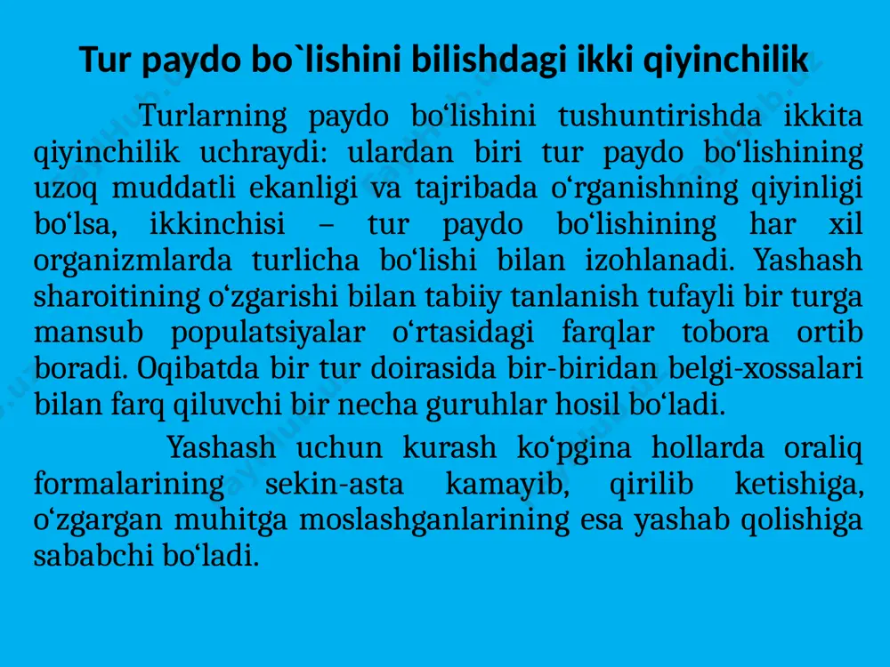 a tarqalmay qolishiga va poliploid turlarning kelib chiqishiga sabab bo‘ladi. simpatrik yo‘nalishda tur paydo bo‘lishi chunonchi, xrizantema avlodiga kiruvchi 18, 36, 90 xromosomali, tamaki avlodiga 24, 48, 72, bug‘doyda 14, 28, 42 xromosomali turlar borligi aniqlangan. polipoid turlar xromosomasi diploid to‘plamga ega turlarga nisbatan muhitning noqulay sharoitlariga ko‘proq moslashuvchan bo‘ladi. ba’zi bir o‘simlik turlari duragaylash yo‘li bilan paydo bo‘lgan. chunonchi, olxo‘ri olcha bilan tog‘olchaning chatishi shidan so‘ng xromosomalar sonining ikki hissa ortishi natijasida kelib chiqqan. olchada xromosomaning gaploid to‘plami 16, tog‘olchada esa 8, demak, ularda hosil bo‘lgan duragay da xromosomaning gaploid to‘plami 24 ga teng. olimlarning fikricha, xromosomaning gaploid to‘plami 13 bo‘lgan herbatseum turini boshqa 13 xromosomali turi bilan o‘zaro chatishib, so‘ng duragay xromosoma to‘plamining ikki hissa ortishi hisobiga 52 xromosoma to‘plamga ega bo‘lgan xirzutum, barbadenze g‘o‘za turlari kelib chiqqan deb faraz qilinadi. botanika va zoologiyadan o‘zlashtirgan bilimlaringiz asosida allopatrik va simpatrik tur paydo bo‘lishiga misollar keltiring. allopatrik tur hosil …