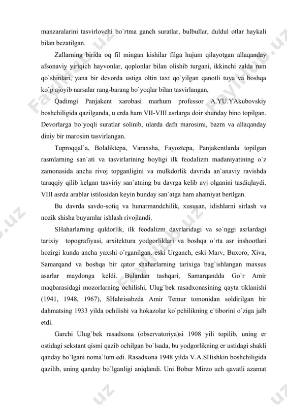 dan tashqari, samarqandda go`r amir maqbarasidagi mozorlarning ochilishi, ulug`bek rasadxonasining qayta tiklanishi (1941, 1948, 1967), shahrisabzda amir temur tomonidan soldirilgan bir dahmatsing 1933 yilda ochilishi va hokazolar ko`pchilikning e`tiborini o`ziga jalb etdi. garchi ulug`bek rasadxona (observatoriya)si 1908 yili topilib, uning er ostidagi sekstant qismi qazib ochilgan bo`lsada, bu yodgorlikning er ustidagi shakli qanday bo`lgani noma`lum edi. rasadxona 1948 yilda v.a.shishkin boshchiligida qazilib, uning qanday bo`lganligi aniqlandi. uni bobur mirzo uch qavatli azamat bino deb ta`riflagan edi. arxeologlar qazish ishlari olib borishlari natijasida bino to`garak shaklda ekanligi, ichkarisi juda ko`p qismlarga bo`linganligi, hozirgi samarqand madrasa va maqbaralari singari rang-barang koshinlar bilan bezatilganligi aniqlandi. shu ma`lumotlarga asoslanib, arxitektor v.a.nil’sen rasadxonaning tashqi ko`rinishini taxminiy ravishda chizib berdi. shunday qilib, respublikamizda keng ko`lamda olib borilgan arxeologiyaga oid tadqiqotlar tufayli xalqimizning uzoq o`tmishi, sug`orish sohasida asrlar davomida orttirgan tajribalari ochib berildi. keng ko`lamda respublikamizda olib borilayotgan arxeologiyaga oid tadqiqotlar tufayli o`zbekiston arxeologiyasining deyarli hamma davrlariga: …