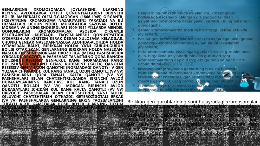 soni 4 ga teng. birikkan gen guruhlari birbiridan genlarning soniga qarab farq qiladi. agar xromosomaning o‘lchami katta bo‘lsa undagi irsiy omil (gen) ham ko‘p bo‘ladi,kichik bo‘lsa genlar ham kam bo‘ladi. g.mendel o’z tajribalarini no’xat ustida o’tazdi.bu o’simlikning har xil navlari ko’p bo’lib, ular yaxshi ifodalangan irsiy belgilari bilan bir-biridan aniq ajralib turadi. masalan : gullari oq va qizil ,poyasi baland va past bo’yli , donlari sariq va yashil , silliq yoki burishgan navlari bor. mana shu xususiyatlarning har biri mazkur nav doirasida nasldan –naslga o’tib boraveradi. e’tiboringiz uchun rahmat! image4.png image3.png image7.png image8.png image9.png image10.png image11.png image12.png image13.png image14.png image2.png