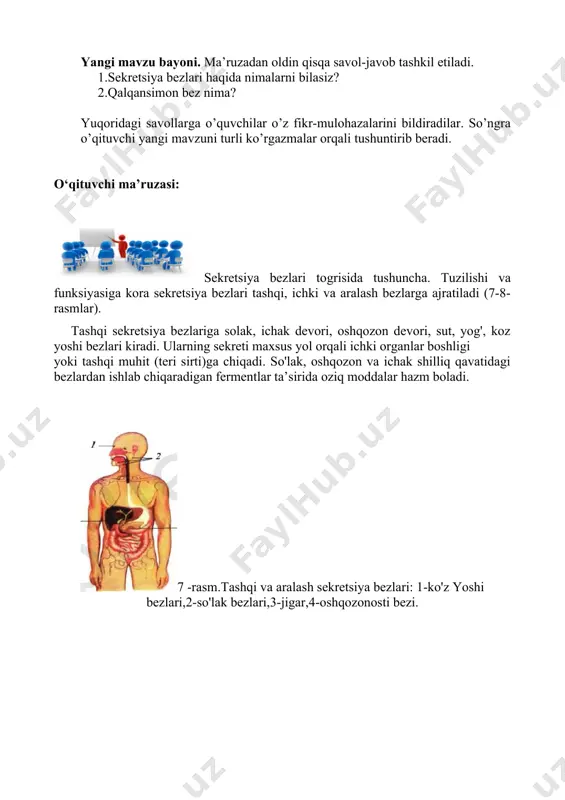 f - tireotoksikoz; 1 - katta yoshda tiroksin yetishmaganida, - suv tarkibida yod yetishmaganida, 3 - qalqonsimon bez funksiyasi birmuncha kuchayganida, 4 - tiroksin gormoni ortiqcha ishlab chiqarilganida, 5 - kichik yoshda tiroksin yetishmaganida. 3)qalqonsimon bez faoliyati bilan bog‘liq kasalliklami ularga mos keladigan belgilar bilan birga juftlab yozing: a - kretinizm, в - miksedema, d - endemik buqoq,е - bazedov kasalligi, f - tireotoksikoz; 1 - moddalar almashinuvi sekinlashib, nerv sistemasi qo‘zg‘alishi pasayadi, qovoqlar shishadi, 2 - bolalaming o'sishi, aqliy va jismoniy rivojlanishi juda sekinlashadi, 3 - tez jahl chiqishi, uyqusizlik, ishtaha pasayishi, terlash paydo boladi, 4 - bez yiriklashib, bo‘yinda shish paydo bo'ladi,- ko‘zlar notabiiy chaqchaygan boladi. 3)kasalliklarni ularni davolash yollari bilan birga juftlab yozing: a - kretinizm, miksedema, в - endemik buqoq, d - bazedov kasalligi, e - tireotoksikoz; 1 - osh tuziga yod qo'shib ishlov beriladi, 2 - ba�zan bezning bir qismi olib tashlanadi, 3 - bez …