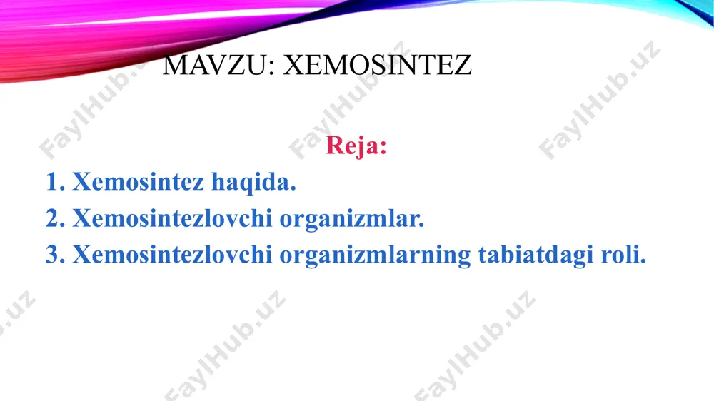 o₂+2h₂o+energiya 2hno₂+o₂=2hno₃+energiya oltingugurt bakteriyalari vodorod sulfidni molekulyar oltingugurtga yoki sulfat kislotagacha oksidlab o’z tanasida oltingugurt to’playdi. vodorod sulfid yetishmaganida bakteriyalar o’z tanasida to’planib qolgan oltingugurtni sulfat kislotagacha oksidlashdan ajraladigan energiyadan foydalanadi. 2h₂s+o₂→2h₂o+2s+energiya 2s+3o₂+2h₂o=2h₂so₄+energiya vodorod bakteriyalari. vodorod bakteriyalari vodorodni oksidlaydi. yuqorida ko’rib chiqqan misollardagi bakteriyalar aeroblar hisoblanadi. shuning uchun ularda elektronlar va vodorodni o’zlashtiruvchi sifatida kislorod ishtirok etadi. 2h₂+o₂=2h₂o+energiya xemosintezlovchi organizmlarning tabiatdagi roli xemosintezni amalga oshiradigan mikroorganizmlardan azot to’plovchi va nitritifikatsiyalovchieng muhimi hisoblanadi. ular uchun ammiakni nitrat kislotagacha oksidlanish reaksiyasi energiyanmanbai bo’lib xizmat qiladi. boshqa guruhi nitrit kislotani oksidlab nitrat kislotaga aylantirish reaksiyasidan ajralib chiqadigan energiyadan foydalanadi. yuqorida aytib o’tilgan mikroorganizmlar, ayniqsa, azot to’plovchi bakteriyalarning roli juda kata. ular hosildorlikni oshirish uchun muhim ahamiyatga ega, chunki havoda bo’ladigan va o’simliklar o’zlashtira olmaydigan azot ana shu bakteriyalarning hayot faoliyati natijasida o’simliklar tomonidan yaxshi o’zlashtiriladigan azot birikmalariga aylantirib beriladi. topshiriqlar xemosintez deb nimaga aytiladi? xemosintez hodisasi kim tomonidan kashf etilgan? xemosintez hodisasi nechanchi …