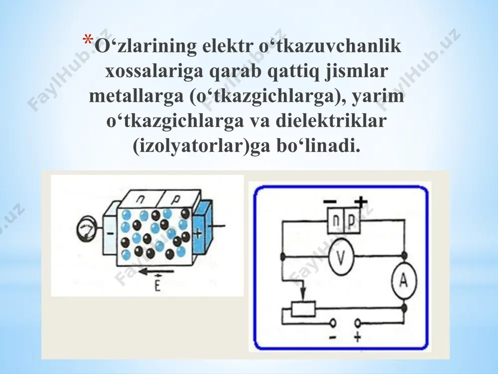 metallarda erkin elektronlar konsentrasiyasi juda katta qarshiligi kichkina . dielektriklarda erkin elektronlar konsentrasiyasi ), ekektr qarshiligi esa juda katta. elektr qarshiligi nisbatan yarim o'tkazgichlar metall va dielektriklar o'rtasida oraliq holatni egallaydi. metallardan farqli ravishda yarim o'tkazgichlarning solishtirma qarshiligi temperatura ortishi bilan kamayadi. kam (n 1014 sm3 yuqori darajada tozalangan kremniy tarkibida kirishmalarning atom ulushi. kimyoviy jihatdan toza yarim o'tkazgichlar xususiy yarim o'tkazgichlar deb ataladi. ularga bir qator kimyoviy toza elementlar (germaniy-ge, kremniy- si, selen-se, tellur-te) va kimyoviy birikmalar (galliy arsenidi– gaas, indiy arsenidi-inas, indiy antimonidi - insb,karbid kremniy-sic va xokazolar) kiradi. kirishmalar mumkin bo'lgan miqdori, % al 1∙10-7 b 1∙10-7 h 1∙10-3 fe 1∙10-7 o 1∙10-7 mg 1∙10-7 mn 1∙10-7 cu 1∙10-8 pb 1∙10-7 ag 1∙10-7 p 1∙10-8 zn 1∙10-8 o'tkazuvchanlik sohasi valentlik sohasi ec ev eg - - - + + + + + - + - taqiqlangan soha kengligi eq=0.66 ev. germaniy uchun uy temperaturasida t=250 c, o’tkazuvchanlik …