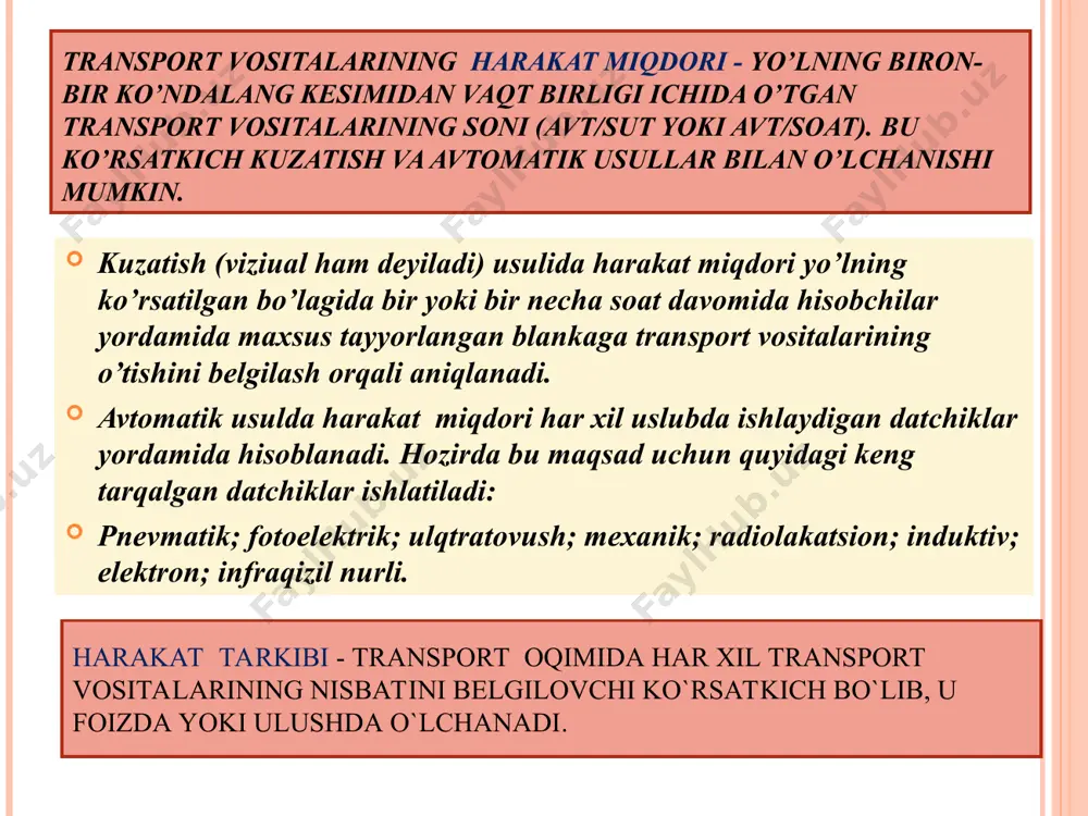 vaqt o`tishi bilan yo`l sharoitiga qarab o`zgaradi transport vositalari turi. foiz, %. harakat miqdori o’zgaruvchan ko’rsatkichdir. amaliy hisob ishlari uchun harakat miqdorining notekislik koeffiғiyenti qo’llaniladi. yillik harakat miqdorining notekislik koeffiғiyenti quyidagicha aniqlanadi. bu yerda: - ko’rilayotgan oydagi harakat miqdori, avt/oy; yil davomidagi harakat miqdorining jami (ni) - yildagi oylar soni o’zbekiston respublikasidagi umum foydalanuvdagi yo’llar uchun 0,3-2,2 . * sutkali harakat miqdorining notekislik koeffiғiyenti ham yillik notekislik koeffiғiyentiga o’xshab aniqlanadi: bu yerda: -ko’rilayotgan soatdagi harakat miqdori, avt/soat; - 1 sutka davomidagi jami harakat miqdori, avt/sut -sutkadagi soatlar soni. shahar tashqarisidagi yo’llar uchun = 0,05-1,85. * harakat oqimining tezligi - yo`l bo`laklari bo`yicha har xil transport vositalarining tezligini alohida va umuman o`zgarishini ko`rsatuvchi ko`rsatkich, o`lchov birligi m/s yoki km/soat. maqsad va vazifalariga qarab hisobiy, oniy, aloqa, konstruktiv, texnik tezlik turlariga bo`linadi . harakat tezligi yo`l harakatining asosiy ko`rsatkichi bo`lib, u yo`lda harakatlanishning asosiy maqsadi shaklida namoyon bo`ladi. yo`lda eng ob`ektiv ko`rsatkich …