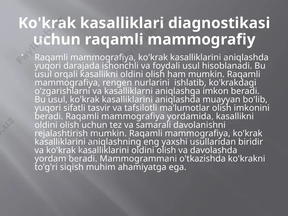 modulyatsiya uzatish funktsiyasi yoki mtf deb ataladi. mtf haqiqiy yoki samarali rezolyutsiyaning foydali o'lchovidir va an'anaviy tasvirlash tizimlarini ularning tasvir sifatining xarakterli parametri sifatida taqqoslash imkonini beradi. biroq, turli tizimlarni taqqoslashda, xususan, analog va raqamli mammografiya tizimlarini solishtirganda, mezon sifatida cheklovchi rezolyutsiyadan foydalanish oqilo aksincha, mtf ni 1,5 dan 3,5 lp/mm gacha bo'lgan diapazonda solishtirish kerak, chunki faqat bu diapazon mamogrammalarni tahlil qilish uchun tegishli. tasvir sifati biron bir xususiyat bilan emas, balki turli omillarning o'zaro ta'siri bilan belgilanadi. . raqamli va anolog mamografiya farqlari raqamli mamografiya va anolog mamografiya, mammografiya usullarida foydalaniladigan ikkita asosiy teknologiyalardir. raqamli mamografiya, tasvirlarni raqamli formatda saqlash uchun elektronik asboblar ishlatadi, anolog mamografiya esa tasvirlarni klasik rengen plonkalarida tasvir etadi. rengen nurlarini yaratish, bemorning joylashishi va ko'krakning kerakli siqilishi analog va raqamli mammografiyada bir xil. raqamli tizimlarning muhim rivojlanishi an'anaviy plyonkali ekspozitsiya tizimini tasvirlash plitalari, ya'ni bilvosita konvertatsiya detektorlari (bilvosita raqamli texnika uchun; oflayn) yoki …