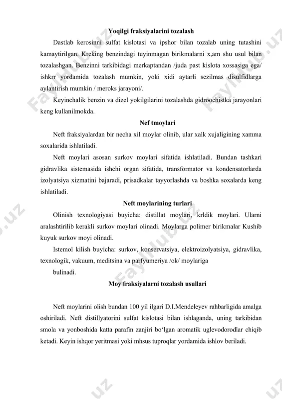 ilan uning kovuishokdigi kam uzgaradi. zichligi kamayadi, koks xosil kilish mikdori xam kamayadi, kotish xarorati kutariladi, rangi yaxshilanadi. furfuroldan kura fenol bilan tanlab eritilganda kerakmas birikmalar kuprok chikib ketadi, ammo pastrok xaroratda kaynovchi moy distillyatlarini va aromatik birikmalari kup bulgan fraksiyalarni furfurol bilan tozalash maksadga muvofikdir. furfurol bilan tozalanayotganda jarayonning xarorati 93 ga, fenol bilan tozalanayotganda 65 ga tengdir. / sxema/. sxemaning izohi xom ashyo-moy fraksiyasi 1-kolonnada erituvchi /fenol/ bilan aralashib ikkita katlamga ajraladi. kolonna tepa kismidan rafinat uzi bilan kisman erituvchini olib chikib ketadi va 2-pechda isitilib 3-kolonnaga keladi. bu yerda suvsiz erituvchi kolonnaning tepa kismidan chikib ketadi. aralashma 4-kolonnaga /pastki kismiga utadi/. 4-kolonnadan erituvchi bilan suv aralashmasi xaydaladi va 8-kolonnaga boradi. rafinat esa kolonnaning pastki kismidan olinadi. ekstrakt eritma 1-kolonnaning ostki kismidan chikib 5-pechda isitilib 6 va 7 kolonnalarda ekstraktdan erituvchi xaydab olinadi. chikindilar 7 -kolonnaning pastki kismidan olinadi. erituvchi esa, yana jarayonga kaytadi. 4- va 7- kolonnalardan …