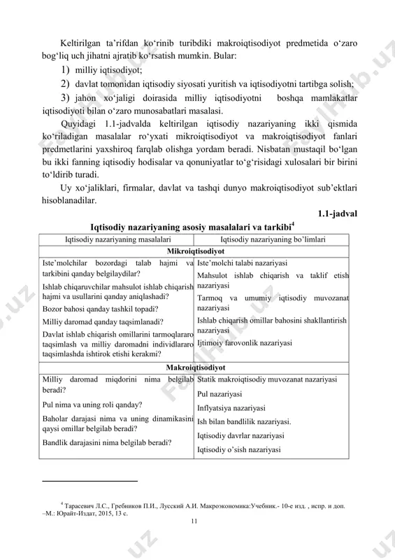 darajasida mehnat, pul, tovarlar va xizmatlar bozorlarining o‘zaro munosabatlari va o‘zaro ta’sirini tahlil qilinadi. mikroiqtisodiyotda “belgilangan” deb qabul qilingan, ya’ni mikroiqtisodiy tadqiqot predmeti hisoblanmaydigan ko‘pgina ko‘rsatkichlar, jumladan iste’molchilarning daromadlari, jamg‘armalari, foiz stavkasining dinamikasini va buni belgilovchi omillarni makroitisodiyot tadqiq qiladi. makroiqtisodiyot yalpi ishlab chiqarishining barqaror o‘sishini, resurslarning to‘liq bandliligini, inflatsiyaning past sur’atlarini va to‘lov balansining muvozanatini ta’minlash nuqtai nazaridan mamlakat iqtisodiyotini bir butun holda tadqiq qiladi va uni makroiqtisodiy tartibga solishning iqtisodiy mexanizmlarini o‘rganadi.3 2 n. gregory mankiw. macroeconomics. 8 th edition. harvard university. (ny.: worth publishers, 2013): 13 3 n. gregory mankiw. macroeconomics. 8 th edition. harvard university. (ny.: worth publishers, 2013): 15 5 11 keltirilgan ta’rifdan ko‘rinib turibdiki makroiqtisodiyot predmetida o‘zaro bog‘liq uch jihatni ajratib ko‘rsatish mumkin. bular: 1) milliy iqtisodiyot; 2) davlat tomonidan iqtisodiy siyosati yuritish va iqtisodiyotni tartibga solish; 3) jahon xo‘jaligi doirasida milliy iqtisodiyotni boshqa mamlakatlar iqtisodiyoti bilan o‘zaro munosabatlari masalasi. quyidagi 1.1-jadvalda keltirilgan iqtisodiy …