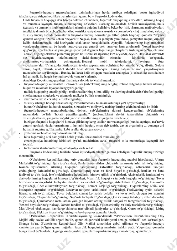 (jinoyat huquqi, ma’muriy huquq va sh.k.) farqli ravishda fuqarolik huquqi, eng avvalo, normal huquqiy munosabatlarga ta’sir ko‘rsatadi. uning tartibga solish uslubidagi o‘ziga xos xususiyatlar: -fuqarolik-huquqiy munosabatlarda ishtirok etuvchilarning teng huquqqa ega bo‘lishlari, ularga imkon boricha erkinlik, mustaqillik va tashabbuskorlik berilishida; - fuqarolik huquqida imperativ me’yorlardan ko‘ra, dispozitiv me’yorlarning kengroq qo‘llanilishida; - fuqarolik-huquqiy munosabatlardan kelib chiqadigan javobgarlikning mulkiy xarakterda bo‘lishida; - buzilgan huquqlarning sud orqali da’vo bildirish tartibida himoya qilinishida; - buzilgan fuqarolik huquqini himoya qilishda uni tan olish, tiklash, huquqni buzadigan harakatlarga chek qo‘yish, yetkazilgan zararlarni undirib olish va shu kabi choralar qo‘llanilishida namoyon bo‘ladi. fuqarolik huquqi – bu har qanday rivojlangan huquq tizimining eng muhim tarkibiy qismidir. ayni vaqtda fuqarolik huquqi iborasini fuqaroviylik bilan chalkashtirmaslik lozim. shaxsning fuqaroligi – bu uning jismoniy shaxs sifatida muayyan davlatga mansubligi, davlat bilan shaxs o‘rtasidagi doimiy, barqaror huquqiy bog‘lanishidir. fuqarolik huquqi esa mutlaqo boshqa va keng ma’nodagi tushunchadir. fuqarolik huquqi iborasi kelib chiqishining …