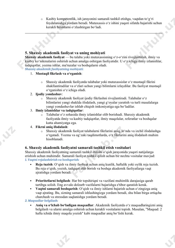 atning ajralmas qismi hisoblanadi. talabalar ilmiy ishlarni yozishda, taqdimotlarda, seminarlarda o‘z fikrlarini aniq va ravon ifodalashni o‘rganishlari lozim. 5. hamkorlik va jamoa bilan ishlash: · akademik ko‘nikmalar nafaqat mustaqil ishlashni, balki boshqalar bilan hamkorlik qilishni ham o‘z ichiga oladi. talabalar guruhda ishlashda o‘z fikrlarini boshqa odamlar bilan almashishni va jamoaviy ishlashni o‘rganadilar. 4. kasbiy kompetentlik va uning ahamiyati kasbiy kompetentlik — bu mutaxassisning o‘z sohasidagi bilim, ko‘nikma, malaka va shaxsiy xususiyatlar majmuasi bo‘lib, ularni amaliyotda muvaffaqiyatli qo‘llashga yordam beradi. kasbiy kompetentlikning ahamiyati: 1. professional muvaffaqiyat: · kasbiy kompetentlik, mutaxassisning o‘z sohasida muvaffaqiyatli ishlashini ta'minlaydi. bu mutaxassisning o‘z ishini sifatli va samarali bajarish imkoniyatini beradi. agar mutaxassisning kasbiy kompetentligi yuqori bo‘lsa, u ishda yuqori natijalarga erishadi. 2. raqobatbardoshlik: · hozirgi kunda, ish bozorida yuqori raqobat mavjud. kasbiy kompetentlik darajasi yuqori bo‘lgan mutaxassislar nafaqat o‘z sohasida, balki global ish bozorida ham raqobatbardosh bo‘lishadi. kasbiy kompetentlik bo‘lgan mutaxassislar o‘zlarini eng yaxshi tarzda ko‘rsatadilar. …