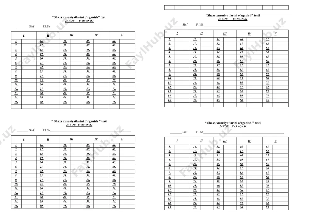 akining odamlarga zararli taʻsirini boʻrttirib yuborishgan. 45. agar atrofimdagilar chekishsa, ichishsa men ham buni qilaman. 46. men hayvonlarga, odamlarga kamdan-kam achinaman. 47. men tez-tez oʻqituvchilar, sinfdoshlar bilan bahslashaman yoki tortishaman. 48. ota-onam bilan te-tez urishib turaman. 49. men haqoratlarni kechirmayman. 50. kayfiyatim yomon boʻlsa, boshqa birovni ham xafa kilib qoʻyishim mumkin.. 51. boshqalarni gʻiybat qilishni yaxshi koʻraman. 52. menga hamma boʻysunishini xohlayman. 53. men bahslarni soʻz bilan emas, janjal bilan hal qilishni afzal koʻraman. 54. doʻstlarim bilan birga men biror narsani buzishim mumkin, begonalarni bezovta qilishim mumkin. 55. koʻpincha men jirkanish, nafrat, gʻazabni his qilaman. 56. menda biror narsani sindirish, baland ovozda gapirish, eshikni taqillatib yopish, baqirish, janjal qilish istagi bor. 57. gʻazablanganimda baqirishim yoki kimnidir urishim mumkin. 58. men baʻzi jangovar harakatlarda mamnuniyat bilan qatnashgan boʻlardim. 59. agar biror narsa menga yoqmasa, boshqa birovning narsasini ataylab buzishim mumkin. 60. men katta va kuchli boʻlishni xohlayman. 61. meni hech kim …