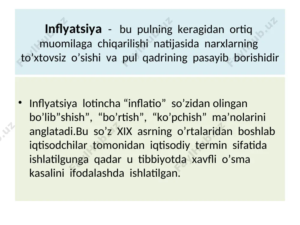 ytganda bir qop tovarga ikki qop pul kerak bo’ladi. taklif inflyatsiyasi bunda bozorlarda resurslar qimmatlashadi, xarajatlar oshib foyda kamayadi. ishlab chiqaruvchilarning tovar ishlab chiqarishga intilishi kamayadi. natijada tovarlar taklifi kamayib narxlar o’sib ketadi. inflyatsiya turlari: o’rmalovchi ( sudraluvchi) inflyatsiya; suzib yuruvchi (shiddatli) inflyatsiya; giper inflyatsiya; o’rmalovchi ( sudraluvchi) inflyatsiya: bunda narx-navo sekin o’sadi. baholar yiliga ortacha o’sishi 5-10 % dan oshmaydi. inflyatsiyaning bu turi ko’proq rivojlan mamlakatlarga xosdir.u ishlab chiqarishni yanada rivojlantirishni rag’batlantiruvchi omil sifatida namoyon bo’lishi ham mumkin. suzib yuruvchi (shiddatli) inflyatsiya: bunda narx-navo tezroq o’sib ishsizlik ko’paya boshlaydi. baholarning yillik o’sishi 10-100%(ba’zida 200%) gacha bo’lishi mumkin.inflyatsiyaning buturi rivojlanayotgan mamlakatlarga xosdir. m-n: rossiya 2001 yil 18% o’zbekiston 2001yil 24% o’zbekiston 2002yil oyiga 1.6% giper inflyatsiya: bunday inf. mamlakatlar iqtisodiy rivojlanishining inqirozli davriga mos keladi baholarning o’sish sur’ati yiliga 200% dan oshib ketadi aholining yashash sharoiti qiyinlashib korxonalar faoliyati yomonlashadiva ular nima qilib bo’lsa xam chet el valyutasini sotib olishga …