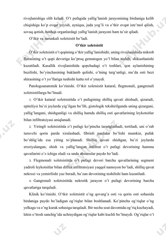 ing barcha qavatlariga tarqaladi. klinik ko’rinishi. o’tkir xoletsistit o’ng qovurg’a osti va qorin osti sohasida birdaniga paydo bo’ladigan og’riqlar bilan boshlanadi. ko’pincha og’riqlar o’ng yelkaga va o’ng kurak sohasiga tarqaladi. bir necha soat davomida og’riq kuchayadi, lekin o’ttosh sanchig’ida uchraydigan og’riqlar kabi kuchli bo’lmaydi. og’riqlar o’t pufagini o’rab turuvchi visseral qorin pardaning ta’sirlanishiga bog’liq. harakat, chuqur nafas olish og’riqni yanada kuchaytiradi. bemor ko’pincha o’ng tomonga va orqaga egilgan bo’lib, majburiy holatda o’tiradi, tana harorati oshadi, yuz-beti rangpar, ahvoli og’ir, ingraydi, qaltirash paydo bo’ladi. haroratning oshishi va titrash yiringli va flegmonali xoletsistitdan darak beradi. til quruqlashadi, oq karash bilan qoplanadi. xuruj aslida ko’ngil aynishi, qayta-qayta qusish, qorin dimlanishi bilan o’tadi, qabziyat kuzatiladi, bemor bezovta bo’ladi. qorni paypaslanganda o’t chiqaruvchi tizimlar uchun xos bo’lgan og’riq bilan ifodalangan ortner, zaxarin, obrazsov-merfi, vasilenko belgilari, frenikus belgisi, qorin pardaning ta’sirlanishi kabi belgilar ijobiy natija beradi. qorin yuzaki palpatsiya qilinganida o’ng qovurg’a ostida, ayniqsa, o’t pufagi …