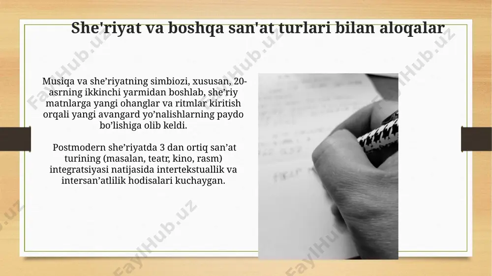 rilgan she'riyatda psixologizm va modernist uslublar, masalan, simvolizm va imagizm kabi yo'nalishlar ustunlik qildi. gender va she'riyat 1960-yillardan keyin, postmodern sheʼriyatda gender chegaralarining buzilishi, erkak va ayol ovozlarining bir-biriga aralashuvi keng tarqaldi, yangi sheʼriy til va uslublar yaratildi. 20-asr boshlaridan boshlab, ayol shoirlari sonining sezilarli darajada oshishi va ularning ijodida feministik gʻoyalar, gender tengsizligi masalalari aks etishining kuchayishi kuzatildi. she'riyatning kelajagi "she’riyatning kelajagi" tadqiqotiga ko'ra, interaktiv she’riyat formatlari, masalan, hipermatnli she’rlar, keyingi 20 yil ichida 70% ga ommalashib ketishi mumkin. she’riyatning kelajagi, 10 yildan keyin o’zbek she’riyatida yangi avlod shoirlari tomonidan 5 ta asosiy yo’nalishning paydo bo’lishini bashorat qiladi. e'tiboringiz uchun rahmat @taqdimot_robot image7.jpg image8.jpg image9.jpg image10.jpg image11.jpg image12.jpg image13.jpg image14.jpg image15.jpg image16.jpg image17.jpg image18.jpg image19.jpg image20.jpg image21.jpg image22.jpg image23.jpg image3.png image4.png