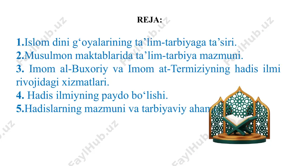 riy etildi, chunki, musulmon maktablarida asosiy manbalar va kitoblar arab tilida edi. masjidlar qoshidagi maktablarda imomlar, madrasalarda esa mudarrislar yoshlarga ta’lim va tarbiya berishgan. madrasa so‘zi “dars o‘tiladigan joy”, “ma’ruza tinglaydigan joy” ma’nolarini bildiradi. bolalarga dastlabki saboq xarf yodlash va o‘qishdan iborat bo‘lgan. “qur’on” ni yodlash juda og‘ir bo‘lganligi sababli, arab bo‘lmagan bolalarga “qur’on” suralaridan yettidan biri tanlab olingan “xaftiyak” deb nomlangan darslik bilan bilim berishgan. qur’onni yod olganlarga qori unvoni berilib, ularga dars o‘tishlariga ruxsat berilgan. islom ni sha’riy ma’nosi alloxni yagona deb e’tiqod qilib, unga bo‘ysinish va iymon keltirishdir. islom dini asoschisi va targ‘ibotchisi muxammad ibn abdulloh 570 yilda makkaning qurayish qabilasiga mansub xoshimiylar oilasida dunyoga keladi. islom ta’limotida komillikka eltuvchi tarbiya turlari aqliy tarbiya mehnat tarbiyasi axloqiy tarbiyasi jismoniy tarbiya “hadis” islom dini ta’limoti asosini tashkil etuvchi qur’oni karimdan keyingi asosiy manba sanaladi. hadislar viii-asrning 2-yarmidan tartibga solina boshlandi. viii-xii asrlarga kelib 400 dan ortiq muhaddislar hadis …