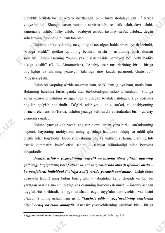 g’uvchining asarlarida o’zini ochiq ko’rsata olmaydir. kuchsiz yozuvchilarning uslublari bir – biriga o’xshab qoladir” (fitrat, 26-bet). “uslub zamon bilan o’zgargani kabi shaxs bilan ham o’zgaradir. hatto, yana biroz chuqurroq borib, bir kishining sochim – tizim (nasr va nazm – h. u.) yozganida ham uslubning o’zgarib qolganini ko’ramiz. navoiyning uslubi tizimda hashamatli bir ohang bilan yuradir, sochimda esa og’irlashib qoladir. yana biroz ingichkaroq qarag’anda bir shoir uslubining asarning mav’zuiga ko’ra o’zgarganini ham ko’ramiz. navoiyning “layli va majnun” idag’i o’ynab qaynag’an uslubini uning “lison ut - tayr”ida ko’rib bo’lmaydir. biroq bu o’zgarishlar (ya’ni: asarning shakli yo mavzuiga ko’ra bo’lg’an o’zgarishlar ) asosiy emasdir. navoiy va cho’lponning uslublari sochim – tizimda, yo mavzui’ga ko’ra o’zgarmak bilan ularning “o’zlik” larini (shaxsiyatlarini) yo’qotmaydir. cho’lponning cho’lponligi, navoiyning navoiyligi bu shoirlarning tizim – sochim asarlarida mavzu’ o’zgarishiga qaramasdan ko’rinib turadir ” (fitrat, 28-bet, ta’kidlar bizniki – h. u.). hayot yozuvchini boyitgandek, tajribasini oshirganidek uning uslubini ham tobora …