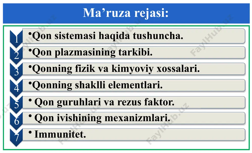 ik qon qon yaratuvchi a’zolar qonni parchalovchi a’zolar nerv-gumoral sistemalar suyak koʻmigi limfa tugunlari taloq jigar taloq 1. qon sistemasi haqida tushuncha. qon toʻqima sifatida uning tarkibiy qismi qon tomirlaridan tashqarida hosil boʻladi toʻqimaning hujayralararo qismi suyuq moddalardan tashkil topgan qonning asosiy qismi harakatda boʻladi 1. qon sistemasi haqida tushuncha. katta yoshdagi odamlar qonining 40-48% ni shaklli elementlar va 52-60% ni plazma tashkil qiladi. bu nisbat gematokrit kattaligi (grekcha haima – qon, kritos - kursatkich) deb nomlanadi. qon suyuq plazma shaklli elementlar trombotsitlar eritrotsitlar leykotsitlar 1. qon sistemasi haqida tushuncha. qonning vazifalari tashuvchilik vazifasi nafas vazifasi oziqlantiruvchi (trofik) ekskretor vazifasi termoregulyator vazifasi gomeostaz suv-tuz almashinuvida ishtirok etadi himoya vazifasi gumoral boshqaruv vazifasi kreator bogʻlar hosil qilish qon tomirlarda harakat qilib har xil moddalarni: kislorod, karbonat angidrit gazlari, ozuqa moddalar, gormonlar, fermentlar va boshqa moddalarni tashiydi. oʻpkadan toʻqimalarga o2 ni va toʻqimalardan oʻpkaga co2 ni olib keladi. qon hazm traktidan kerakli …