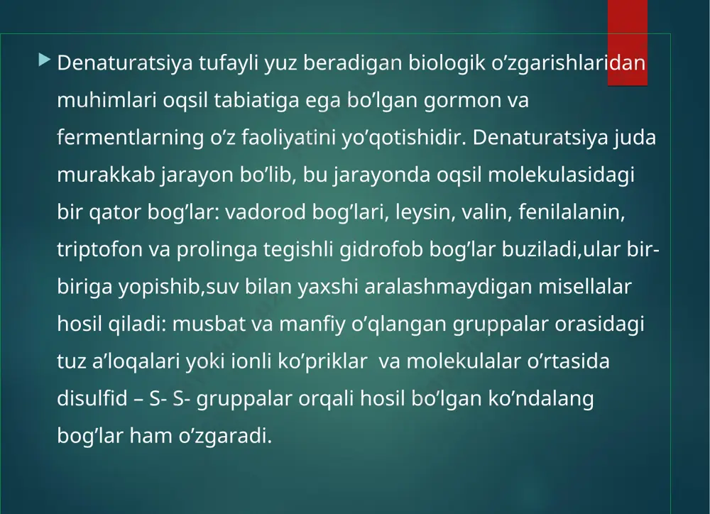 adigan zaryadlarning bir-biriga yaqinlashishi va qoshilishiga yol qoymasligi bilan izohlanadi. disulfid bog’larning ko’ndalang ko’priklari denaturatsiya jarayonida uzilib,qaytadan molekula tiklanganda butunlay tasodifiy bog’lanishlar paydo bo’lishi mumkin.natijada boshlang’ich molekuladan mutlaqo boshqacha struktura paydo bo’ladi. shunga o’xshash hodisani,masalan, ko’p disulfid bog’lanishlarga ega insulin ortiqcha sistein ta’sirida ishlanib, so’ngra disulfid bog’larni qaytadan tiklash uchun oksidlantirilganda ko’rish mumkin,bunda hosil bo’lgan yangi molekula insulinning gormonal xususiyatiga ega bo’lmaydi. denaturlangan oqsillarning fizik-kimyoviy va biologik xossalarining tiklanishiga renaturatsiya yoki renativatsiya deyiladi. bunda oqsilning strukturasi avvalgi holatiga kelsa, uning biologik faolligi ham qayta tiklanadi. denaturlangan oqsillar uchun quyidagi belgilar xos bo`ladi: 1) nativ oqsil molekulasiga nisbatan funktsional (cooo’, no’2 , sh2, oo’) guruhlarning soni ortadi. bu guruhlarning bir qismi odatda oqsil molekulasining ichida bo`ladi. denaturatsiyada polipeptid zanjirning yoyilishi natijasida bu qo`shimcha guruhlar yuzaga chiqadi; 2) oqsil molekulasining yoyilishi natijasida gidrofob radikallar yuzaga chiqadi, gidrat qobig`i va zaryadi yo`qolishi sababli oqsilning eruvchanligi kamayadi va u cho`kmaga tushadi; 3) oqsil molekulasining …