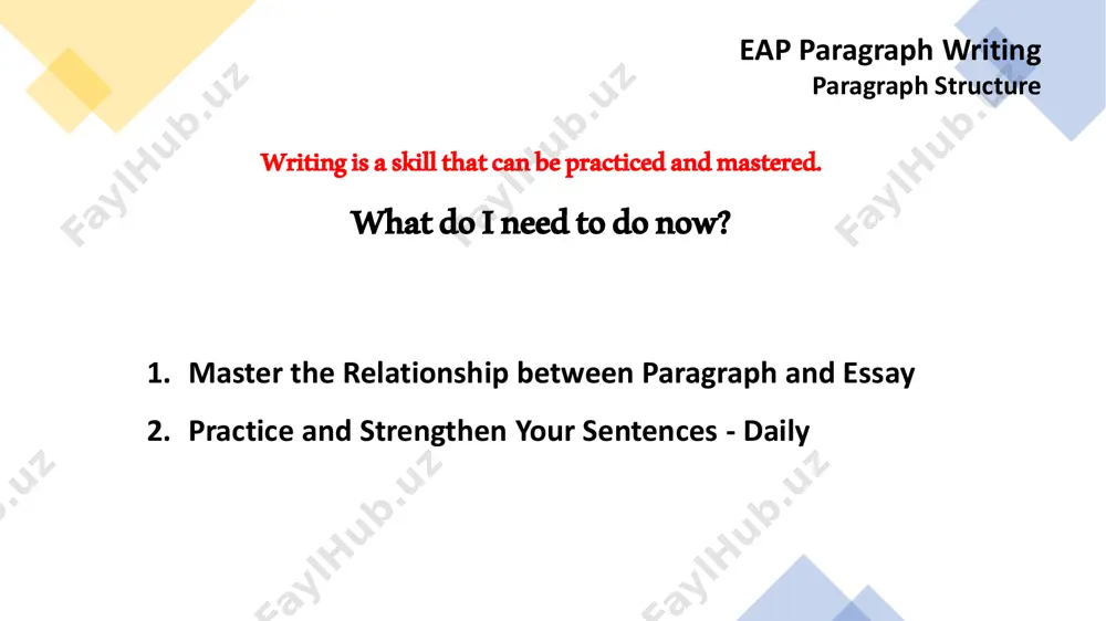 red to basic paragraph structure (5 paragraphs / 5 sentences) basic essay structure 1. introduction paragraph 2. supporting detail #1 paragraph 3. supporting detail #2 paragraph 4. supporting detail #3 paragraph 5. conclusion paragraph basic paragraph structure (5 sentences) 1. topic sentence 2. supporting detail sentence#1 3. supporting detail sentence #2 4. supporting sentence #3 5. conclusion sentence basic essay structure compared to basic paragraph structure (5 paragraphs / 5 sentences) basic essay structure 1. introduction paragraph 2. supporting detail #1 paragraph 3. supporting detail #2 paragraph 4. supporting detail #3 paragraph 5. conclusion paragraph basic paragraph structure (5 sentences) 1. topic sentence 2. supporting detail sentence#1 3. supporting detail sentence #2 4. supporting sentence #3 5. conclusion sentence basic essay structure compared to basic paragraph structure (5 paragraphs / 5 sentences) basic essay structure 1. introduction paragraph 2. supporting detail #1 paragraph 3. supporting detail #2 paragraph 4. supporting …
