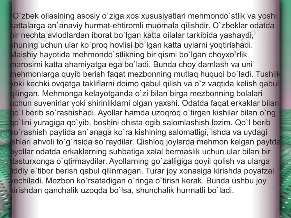 o`tkaziladi. marosim oxirida mehmonlar bolani ko`rish uchun oldiga kiradilar, unga sovg`alarni beradi va beshikning ustiga parvarda yoki qand sepadilar. xatna qilish to`yi – islom tomonidan muqaddas deb e`zozlangan yana bir qadimiy o`zbek odatidir (sunnat to`yi). bu marosim o`g`il bolalar uchun 3, 5, 7, 9 yoshga kirganda, kamdan-kam hollarda 11-12 yoshda o`tkaziladi. sunnat to`yining o`tkazilishi jamoatchilik tomonidan nazorat qilinadi. o`g`il bolaning tug`ilgan paytidan boshlab uning ota-onasi asta-sekinlik bilan kerakli narsalarning hammasini sotib olib, sunnat to`yiga tayyorgarlikni boshlaydilar. ko`pincha oddiygina «to`y» ham ataladigan marosimning o`tkazilishidan bir necha oy avval unga bevosita tayyorgarlik boshlanadi. qarindoshlar va qo`shnilar ko`rpalarni tikishda, to`y sovg`alarini tayyorlashda yordam beradilar. bularning hammasi ko`p bolali onalarga topshiriladi. to`ydan avval mahallada yashovchi oqsoqollar, masjidning imomi va qarindoshlarning huzurida qur`on o`qiladi. dasturxon yoziladi. shundan keyin qur`ondan suralar o`qiladi va oqsoqollar o`g`il bolaga duo o`qiydilar. shundan so`ng katta «to`y» boshlanadi. «to`y» dan avval bolaga qo`shnilar, oqsoqollar, qarindoshlarning oldida sovg`alarni, zar tikilgan kiyimlarni kiydirishadi. …
