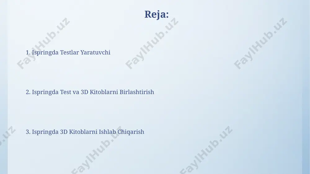 ratilgan testlar scorm va xapi standartlariga mos keladi, bu esa lms tizimlarida ishlatish imkonini beradi va natijalarni avtomatik tahlil qilishni ta'minlaydi. animatsiya va effektlar qo'shish animatsiya vositalaridan foydalanib, test savollari uchun 10 ga yaqin turli xil effektlarni qo'llashingiz va ularning ko'rinishini, ya'ni o'tish tezligini sozlashingiz mumkin. ispringda 3d kitoblarga 0,5 soniyadan 2 soniyagacha davom etadigan, kirish va chiqish effektlarini qo'shishingiz mumkin, bu esa o'quvchilar uchun vizual qiziqarli taqdimot yaratadi. loyihalarni boshqarish va saqlash ispring loyihalarini bulut xizmatlarida (masalan, google drive, dropbox) saqlash ularning zahiralanishini va turli qurilmalardan kirishni ta'minlaydi, bu esa 5 dan ortiq foydalanuvchilar uchun samaradorlikni oshiradi. loyihalarni versiyalash tizimini qo'llash (masalan, 1.0, 1.1, 2.0 versiyalari) o'zgarishlarni kuzatib borish va kerak bo'lganda avvalgi versiyalarga qaytish imkonini beradi. javob variantlarini qo'shish to'g'ri javoblarni belgilashda, bir nechta javob variantlari to'g'ri bo'lishi mumkin, shuning uchun “bir nechta to’g’ri javob” funksiyasidan foydalaning va ballarni mos ravishda taqsimlab qo'ying. javob variantlarini qo'shishda, o'quvchilarni chalkashtirib …