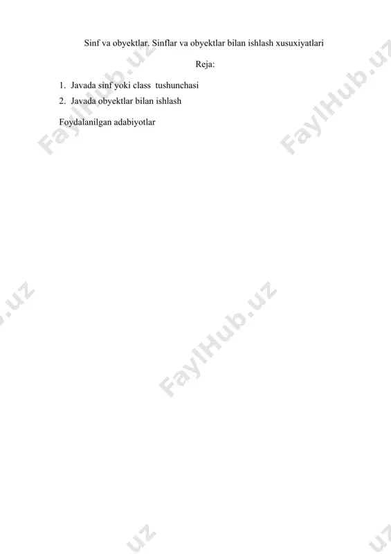 ab oladi. u sinfning funksionalligini o’z ichiga oladi. konstruktorlar sinfning maydonlarini ishga tushiradilar va shu bilan yangi ob’ektlarni yaratishga yordam beradi. maydonlar asosan sinf ohangini o’rnatadigan o’zgaruvchilardir. ushbu maydonlar ob’ektlarning xatti-harakatlarini boshqaradi. sinf ichidagi usullar sinf va uning ob’ektlariga funksionallik beradi. ob’ekt ob’ektlar oop ning asosiy birliklari bo’lib, ular real hayot ob’ektlarini ifodalaydi. java dasturi ko’plab ob’ektlarni yaratadi. har bir ob’ekt quyidagi uchta atributdan iborat: holat – ob’ektning xususiyatlari va atributlari uning holatini aniqlaydi. xulq-atvor – ob’ektning usullari uning qanday harakat qilishini aniqlaydi. ob’ektning boshqa ob’ektlarga qanday munosabatda bo’lishi ob’ekt harakatining asosiy qismini ifodalaydi. identity – identity – bu ob’ektga berilgan nom. bu ob’ektning boshqa ob’ektlardan qanday farq qilishini ko’rsatadi. ob’ektga misol: it identifikatsiya: itning ismi namunaviy kod quyidagi kod it sinfini ifodalaydi. biz dog sinfining ob’ektlarini yaratamiz. public class dog { string name; string zoti; int yoshi; ip rangi; public dog (string nomi, string zoti, int age, string color) …