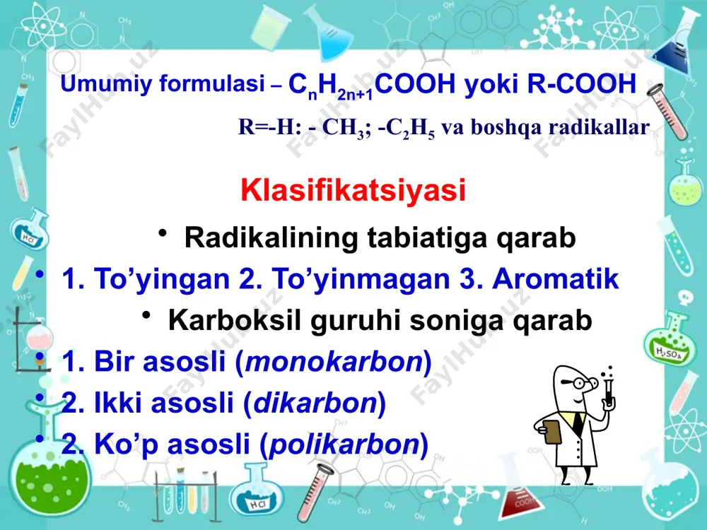 uh tarkibidagi gidroksil он va с=о karbonil guruxlarning xossalari ularning alohida holda namoyon bo’ladigan xossalaridan tubdan farq qiladi. karbonil guruhi tasirida он guruh o atomidagi juft elektronlarining siljishi evaziga o-h bog’i zayiflashib, undan vodorodning proton (h+) holida ajralishi oson bo’ladi. ch3cooh zn + 2ch3cooh = zno + 2ch3cooh = 4) zn(oh)2 +2ch3cooh = 5)znco3 +2ch3cooh = sirka kislota atsetat-ion ruh atsetat ch3coo- + h+ zn(ch3coo)2 + h2 zn(ch3coo)2 + h2o zn(ch3coo)2+2h2o zn(ch3coo)2 +co2+ h2o indikator rangini o’zgartiradi xlor uksus kislota uksus kislotadan kuchliroq bu xlor atomida elektronlarning ozaro joy almashishida xosil bo’ladi galogenalmashilgan kislotalar karbon kislotalardan kuchliroq чумоли кислотанинг ўзига хос хусусиятлари aldegidokislotalarning ikki xil xossalari аldegid guruh karboksil guruh о о || || н – с – он + [о] → но – с – он → со2 + н2о о о со2 || || н – о – с – н + ag2o → 2 ag + н …
