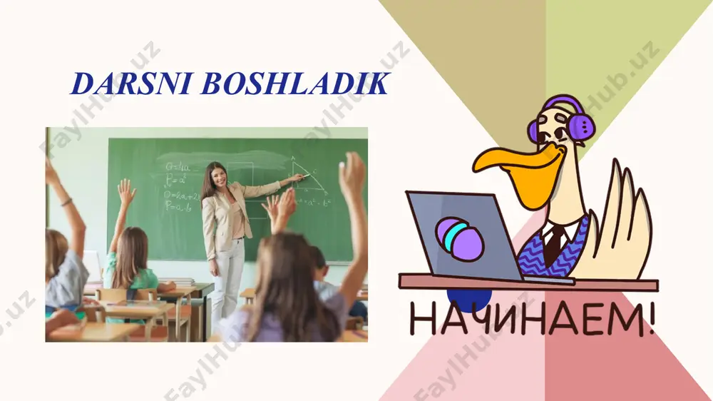 ga suyanib ish ko'rish; shaxsga talabchanlik bilan hurmatni birga qo'shib olib borish; o'qituvchilar, jamoat tashkilotlari va oilaning talab hamda tarbiyaviy ta’sirlarining birligi; tarbiyalanuvchining yosh va individual xususiyatlarini hisobga olish; tarbiya j arayonining tizimligigi va uzluksizligi. 11 4.tarbiya turlarining umumiy tavsifi. i.tarbiya turlari turli sohalarga ko'ra tasnif etiladi. ko'proq umumlashgan tasnif o'zida: aqliy, mehnat, jismoniy tarbiyani qamrab oladi. ii.ta’lim muassasalaridagi tarbiyaviy ishlarining turli yo'nalishlari bilan bog'liqlikda: fuqarolik, siyosiy, baynalmilal, axloqiy, estetik, mehnat, jismoniy, huquqiy, ekologik, iqtisodiy tarbiyaga bo'linadi. 12 iii. institutsional belgilariga bo'yicha: oila, ta’lim muassasasi, ta’lim muassasasidan tashqari, diniy, bolalar, yoshlar tashkilotlaridagi tarbiya, maxsus ta’lim muassasalaridagi tarbiyaga bo'linadi. iv. tarbiya va tarbiyalanuvchilar orasidagi munosabatlar uslubiga ko’ra: avtoritar, demokratik, liberal, erkin tarbiya; turli falsafiy kontseptsiyalar bilan bog'liqlikda pragmatik, aksiologik, jamoaviy, individual tarbiya farqlanadi. 13 1. keng va tor ma’nodagi tarbiya tushunchalariga izoh bering. 2. tarbiya mazmuni deganda nima tushiniladi? 3. tarbiyaning maqsadi va umumiy vazifalarini bayon eting. 4. tarbiya jarayoni qanday …