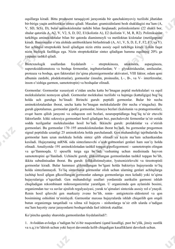 riyalar, zamburug’lar, suv o’tlariga, sodda hayvonlarga) viruslarga va boshqalarga nisbatan yuqori fiziologik faollikka ega bo’lgan, ularni o’sishini to’xtatadigan yoki taraqqiyotini butunlay yo’qotadigan moddalardir. organizmlar modda almashinuvida hosil bo’ladigan bu maxsulotning spesifikligi shundan iboratki, birinchidan, antibiotiklar boshqa moddalardan masalan, spirtlardan, organik kislotalardan va ayrim boshqa mikroorganizmlarni o’sishini to’xtata oladigan moddalardan farqi o’laroq yuqori biologik faollikka ega bo’lgan moddalardir. masalan, grammusbat bakteriyalar (mikrokokklar, streptokokklar, diplokokklar va boshqalar) o’sishini to’xtatish uchun eritromisin antibiotikasini minimal miqdorisi 0,01-0,25 mkg/ml miqdorda talab qilinadi. albatta, bunday o’ta past miqdoridagi spirt yoki organik kislotalar bakteriyalarga hechqanday zarar keltiruvchi ta’sir ko’rsatmaydi. ikkinchidan, antibiotik moddalar tanlangan biologik ta’sirga ega.bu degani anitibiotikbilan aloqada bo’lgan organizmlarni hammasi ham uning ta’siriga sezgir bo’lavermaydi. shu sababli mikroorganizmlar ikki guruhga bo’linadi: ma’lum antibiotiklarga sezgir va unga rezistent (chidamli). ayrim antibiotiklar uncha ko’p bo’lmagan miqdordagi turlarni o’sishini to’xtatadi, boshqalari esa ko’p tur mikroorganizmlarning taraqqiyotini chegaralaydi. antibiotiklarni shu mohiyatidan kelib chiqqan holda ular ikki guruhga bo’linadi: tor …