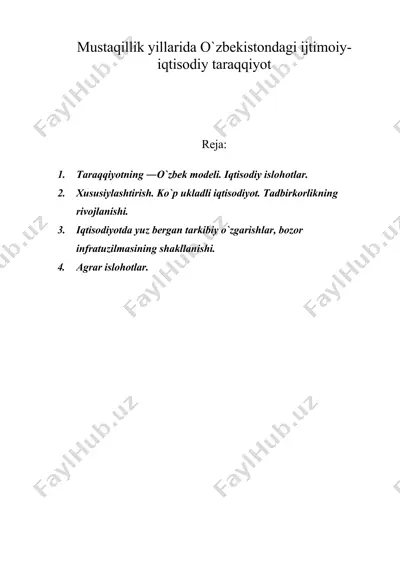 mustaqillik yillarida o`zbekistondagi ijtimoiy-iqtisodiy taraqqiyot — DOC