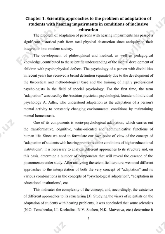 accordingly, the existence of different approaches to its structuring [3]. studying the views of scientists on the adaptation of students with hearing problems, it was concluded that some scientists (n.o. temchenko, i.i. kachalina, n.v. sochen, n.k. matveeva, etc.) determine it through set of components. but we cannot fully agree with this, since the adaptation of students with hearing problems depends on their personal characteristics and therefore it should include a wider range of structural components, where values, motives and other components will stand along with other equally important components of psychological adaptation.[footnoteref:3] . [3: podlasy i. p. pedagogy. new course: textbook: book 1: general foundations. learning process. - m.: vlados, 2000. - 576 p.] in order to most accurately understand the adaptation of students with hearing problems to the conditions of study in higher educational institutions, one should take into account the views of leading scientists on the essence of …