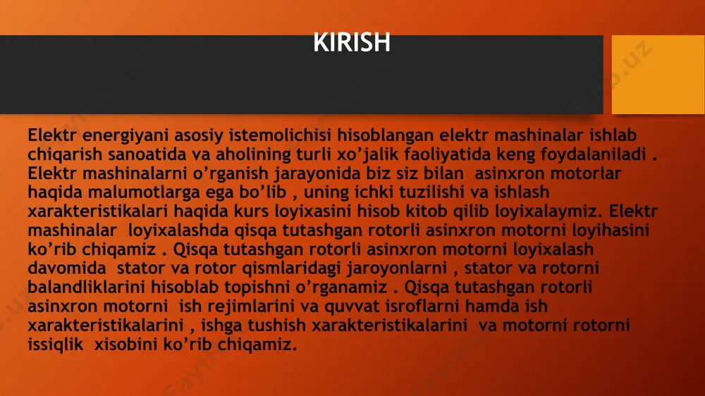 a va magnit induksiyani aniqlash stator cho’lg’ami pazlari, o’ramlari soni va kesm yuzalarini tish qatlami va xavo oralig’i o’lchamlarini aniqlash tish bo’linmasining chegaraviy qiymatlarini 3-rasmdan va bo’lishi mumkin bo’lgan tishlar soni oralig’ini aniqladim: tz1max=18mm va tz1min=16 mm. bu qiymatlar yordamida stator pazlarini aniqlab oldim z = 36 ta . bu punktida asosan pazdagi oʻramlar sonini w=153 , elektromagnit yuklama a=41* a/m , mashina hovo oraligʻini magnit oqimini =24.5* vb va magnit induksiyalarni =0.415tl hisobladim . stator choʻlgʻamidagi tok zichligini j1=4.63*10⁶ a/m² . 3-rasm . tish boʻlinmasining chegaraviy qiymatlari stator cho’lg’ami pazlari, o’ramlari soni va kesm yuzalarini tish qatlami va xavo oralig’i o’lchamlarini aniqlash stator tishining kengligi bz1=4 mm , stator pazining balandligi hp= 64.8mm va motorni statorini yuqori b1=24.9 mm va pastki tomoni uzunligi b2=14.6 mm , choʻlgʻam joylashdigan balandlik h1=59mm va simlar joylashi uchun pazning koʻndalang kesim yuzasini s’p= 108.1mm² boʻldi. ish rejimining parametrlarini xisoblash ish rejimlari parametrlarini hisoblashda …