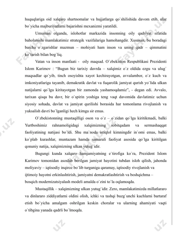 sir emas. o`zbekistonning mustaqilligi oson va o`z – o`zidan qo`lga kiritikmadi, balki yurtboshimiz rahnamoligidagi xalqimizning sobitqadam va sermashaqqat faoliyatining natijasi bo`ldi. shu ma`noda istiqlol kimningdir in`omi emas, balki ko`plab kurashlar, muntazam hamda samarali faoliyat asosida qo`lga kiritilgan qonuniy natija, xalqimizning ulkan yutug`idir. bugungi kunda xalqaro hamjamiyatning e`tirofiga ko`ra, prezident islom karimov tomonidan asoslab berilgan jamiyat hayotini tubdan isloh qilish, jahonda moliyaviy – iqtisodiy inqiroz bo`lib turganiga qaramay, iqtisodiy rivojlanish va ijtimoiy hayotni erkinlashtirish, jamiyatni demakratlashtirish va boshqichma – bosqich modernizatsiyalash modeli amalda o`zini to`la oqlamoqda. mustaqillik – xalqimizning ulkan yutug`idir. zero, mamlakatimizda millatlararo va dinlararo ziddiyatlarni oldini olish, ichki va tashqi buzg`unchi kuchlarni bartaraf etish bo`yicha amalgam oshrilgan keskin choralar va ularning ahamiyati vaqti o`tibgina yanada qadrli bo`lmoqda. mustaqillik – demokratik islohotlar kafolati. prezident islom karimov asoslab berganidek, mamlakatni yangilash va modernizatsiyalash tadrijiylik va izchilikka erishish kafolat bo`lib xizmat qilishi mumkin. taraqqiyotning o`zbek modeli rivojlanish tamoyillarini to`g`ri tanlab olishda asos …