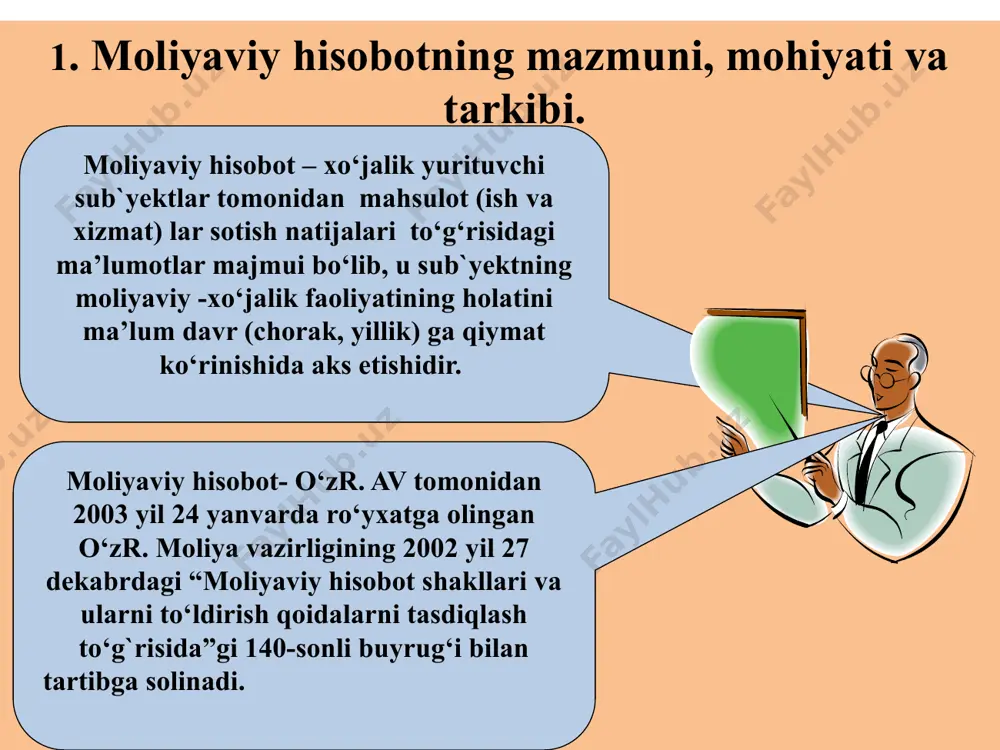 larini qanday maqsadlarga mo‘ljallanganligini tavsiflaydi. aktiv umumiylik (tenglik, muvozanatdir) passiv farqi: «aktiv» atamasi lotincha faoliyatli, amal qilish, mavjud bo‘lish degan ma’noni anglatib, mablag‘lar qanday amal qilayotganligini, ishlayot-ganligini ko‘rsatuvchi mablag‘lar guruhlanishi tushuniladi. balansning tuzilishi va uning tomonlarining farqli jihatlari (venn diagrammasi) bo‘yicha aktivlar = xususiy kapital + majburiyatlar a = xk + m aktivlarning uch xususiyati а) kelajakdagi iqtisodiy nafni o‘zida mujassamlanishi, bevosita va bilvosita pul mablag‘lari yoki ularning ekvivalentlarini ko‘paytirish imkoniyati; v) oldingi bitimlar yoki boshqa voqealarning natijasi bo‘lishi. b) bu iqtisodiy naflarni nazorat qilish qobliyatini mujassamlash; passivlarning uch xususiyati а) aktivlarni chiqib ketishi yoki xizmat ko‘rsatish yo‘li bilan to‘lashni vujudga keltiradigan mavjud doimiy majburiyatni o‘zida majassamlashtirishi; v) oldingi bitim yoki voqealar natijasi bo‘lishi. b) subyekt uchun majburiyatning bajarilishi shartligi va qariyb uqarrarligi; balansning aktiv va passivlari xususiyatlari 4. moliyaviy natijalar to‘g‘risidagi hisobot moliyaviy natija- lar to‘g‘risidagi hisobot mahsulot (ish va xizmat) larni sotishdan sof tushum 010-qator sotilgan mahsulot (ish …