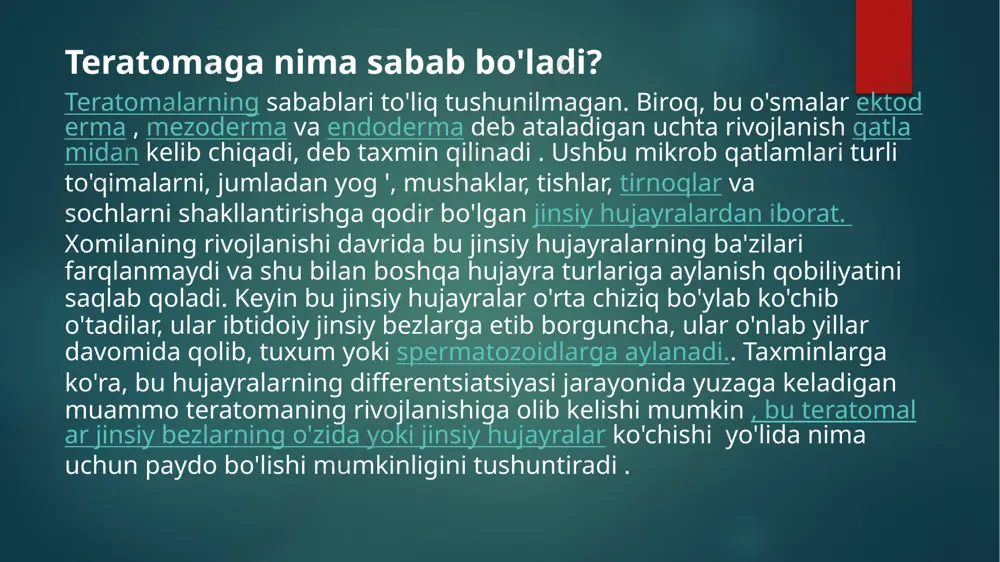 rda nefroblastomali bolalarning aksariyati juda yomon prognozga ega edi, ammo keyingi o'n yilliklarda saratonni davolash sezilarli darajada rivojlandi. vilms o'simtasini davolashda muvaffaqiyat darajasi hozirda taxminan 90% ni tashkil etadi, bu asosan jarrohlikni radioterapiya yoki kimyoterapiya bilan birlashtirish amaliyotiga bog'liq . saratonning ko'p turlari o'smani bostiruvchi genlardagi mutatsiyalar natijasida yuzaga keladi. bular to'g'ri ishlaganda hujayralarni saratonga aylantirish xavfini kamaytiradigan genlardir. keng funksiyalarga ega bo'lgan ko'plab turli genlar o'simtani bostiruvchi genlar rolini o'ynashi mumkin. nefroblastoma bilan bog'liq bo'lgan gen homilaning buyragi rivojlanishida faol bo'ladi, lekin tug'ilgandan keyin nisbatan faol emas. ushbu gendagi mutatsiya wilms o'simtasining rivojlanishiga olib kelishi mumkin bo'lgan hujayra o'zgarishlariga yordam beradi. nefroblastomaning umumiy belgilari qorin og'rig'i va qorin bo'shlig'ida bo'lakning mavjudligi. ko'pgina bolalarda isitma, anemiya yoki siydikda qon bor. mumkin bo'lgan asoratlarga metastaz kiradi , bu odatda bitta o'pkada uchraydi. bundan tashqari, wilms o'smasi yorilish xavfi ostida bo'lib, bu buyrakda qon ketishiga va qorin bo'shlig'ida saraton hujayralarining tarqalishiga olib …