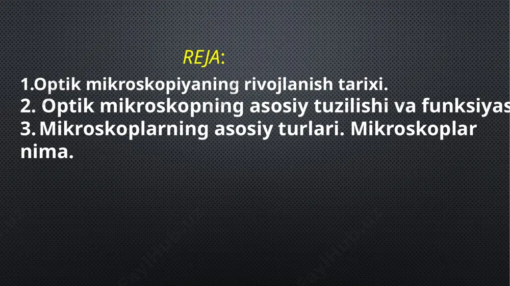 1625 yilda rim "hushyorlar akademiyasi" ("akudemia dei lincei") a'zosi i. faber "mikroskop" atamasini taklif qildi. ilmiy biologik tadqiqotlarda mikroskopdan foydalanish bilan bog'liq birinchi muvaffaqiyatlarga r.guk erishdi, u birinchi bo'lib ta'riflagan. o'simlik hujayrasi(taxminan 1665). huk o'zining "mikrografiya" kitobida mikroskopning tuzilishini tasvirlab bergan. 1681 yilda london qirollik jamiyati o'z yig'ilishida o'ziga xos vaziyatni batafsil muhokama qildi. gollandiyalik levenguk (a. van leenvenguk) mikroskop yordamida bir tomchi suvda, murch infuziyasida, daryoning balchiqida, o‘z tishining chuqurligida kashf etgan hayratlanarli mo‘jizalarni tasvirlab berdi. levenguk mikroskop yordamida turli protozoalarning spermatozoidlarini, strukturaviy detallarni topdi va chizdi. suyak to'qimasi (1673--1677). "men tomchida juda ko'p mayda hayvonlarning suvdagi paypoq kabi har tomonga shiddat bilan harakat qilayotganini ko'rdim. bu mayda hayvonlarning eng kichigi kattalar bitning ko'zidan ming marta kichikdir". eng yaxshi leeuwenhoek lupalari 270 marta kattalashtirildi. ular bilan u birinchi marta qon tanachalarini, tadpolning dumining kapillyar tomirlarida qonning harakatlanishini, mushaklarning chizig'ini ko'rdi. u infuzoriyani ochdi. u birinchi marta mikroskopik bir hujayrali …