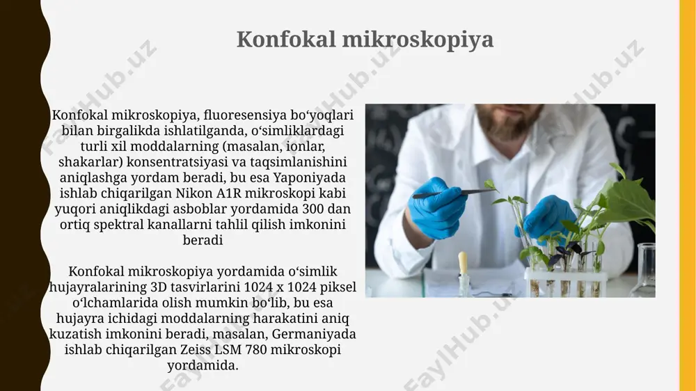 gi farqlar aniqlangan. mineral tuzlarning o'simliklarga singishi tuproqning ph darajasiga bog'liq bo'lib, 6,0-6,5 oralig'ida eng yaxshi so'rilish kuzatiladi. masalan, aqshning kaliforniya shtatidagi tadqiqotlar shuni ko'rsatdiki, yuqori ph sharoitida temirning o'simliklarga so'rilishi sezilarli darajada kamayadi. tuproqning tarkibi va o'simliklarning suvga bo'lgan ehtiyoji tuproqning suv sigʻimi, masalan, qumli tuproqlar 5-15%, gil tuproqlar esa 30-50% gacha boʻlib, oʻsimliklarning suvga boʻlgan ehtiyojini aniqlaydi. markaziy osiyo sharoitida bu koʻrsatkich juda muhim. transpirassiya jarayoni orqali oʻsimliklar kuniga 100-500 litr suvni bugʻlatib yuborishi mumkin, bu esa tuproqning suv balansini va oʻsimliklarning suv ta'minotini oʻrganishda muhim omil hisoblanadi. e'tiboringiz uchun rahmat @taqdimot_robot image1.jpg image2.jpg image3.jpg image4.jpg image5.jpg image6.jpg image7.jpg image8.jpg image9.jpg image10.jpg image11.jpg image12.jpg image13.jpg image14.jpg image15.jpg image16.jpg image17.jpg