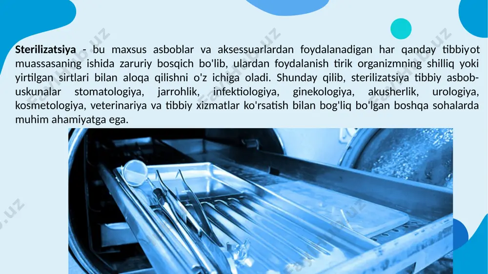 a bug‘ sterilizatsiyasi qalin devorlari bo'lgan maxsus germetik muhrlangan apparatda - avtoklavda amalga oshiriladi. avtoklav havo chiqarish krani bilan jihozlangan sterilizatsiya kamerasidan, bug' bosimini o'lchash uchun manometrdan, bosim zarur darajadan oshib ketganda bug'ning chiqishi uchun xavfsizlik klapanidan va avtoklav haroratini o'lchash uchun termometrdan iborat. bundan tashqari, konstruksiyada suv isitgichli bug‘ qozoniniham nazarda tutadi. u qaynatilganda, bug 'avtoklav kamerasiga kiradi. tibbiy asboblarni sterilizatsiya qilish uchun avtoklavni tanlashda, en 13060:2004 evropa standartiga muvofiq avtoklavlarning uchta sinfi mavjudligini hisobga olish kerak: n, s va b. n sinfidagi avtoklavlar (oldindan evakuatsiya va vakuumda quritmasdan) qattiq, silliq asboblarni va bo'shashgan mato materiallarini sterilizatsiya qilish uchun mo'ljallangan. s sinfidagi avtoklavlar qattiq, silliq asboblarni, shuningdek, qadoqlangan yoki qadoqlanmagan ishshuvchan materiallarni sterilizatsiya qilish uchun ishlatiladi. b sinfidagi avtoklavlar (oldindan evakuatsiya qilish va vakuumda quritish bilan) har qanday paketdagi barcha tibbiy asboblarni, choyshabni va kiyimni sterilizatsiya qilish uchun javob beradi. ayniqsa, stomatologiyada murakkab ichki kanalli qo'l asboblarini sterilizatsiya qilish …