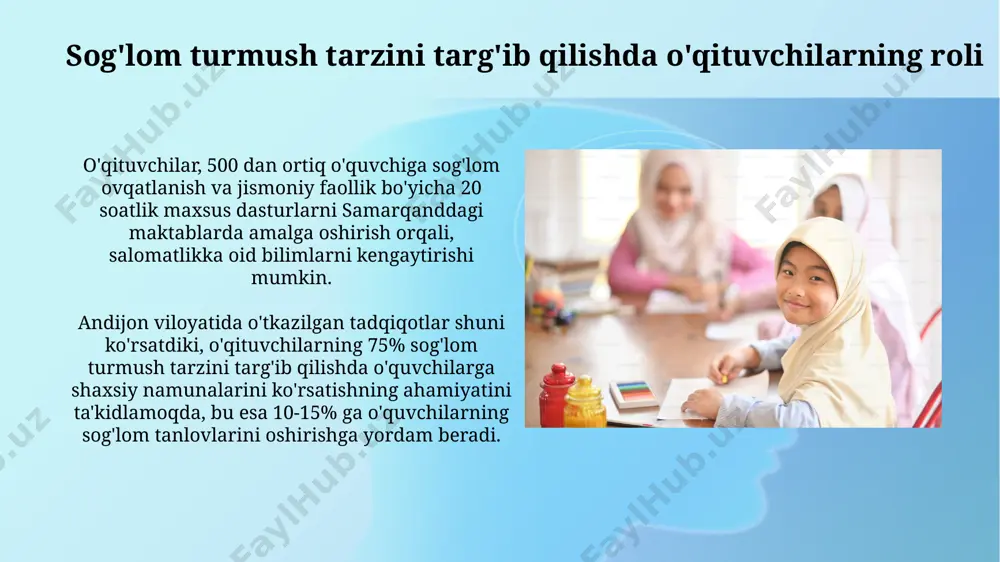 shuni ko'rsatdiki, ota-onalarning 75 foizi samarqand viloyatida sog'lom ovqatlanish bo'yicha o'quvchilarga qo'shimcha qo'llab-quvvatlash kerakligini tan olgan. talabalar o'rtasida sog'lom turmush tarzini targ'ib qilish bo'yicha tadbirlar samarqand viloyatida 2023-yilda o'tkazilgan "sog'lom avlod" loyihasi doirasida 1500 dan ortiq o'quvchi to'g'ri ovqatlanish va stressni boshqarish bo'yicha treninglar o'tkazildi, bu ularning umumiy salomatligiga ijobiy ta'sir ko'rsatdi. toshkent shahridagi 5 ta maktabda o'tkazilgan so'rovnoma natijalariga ko'ra, muntazam jismoniy mashqlar bilan shug'ullanuvchi o'quvchilar soni 30% dan kam ekanligi aniqlandi, bu esa sog'lom turmush tarzini targ'ib qilish bo'yicha qo'shimcha chora-tadbirlarni talab qiladi. muvaffaqiyatli tajribalar va yutuqlar samarqand viloyatida amalga oshirilgan "sog'lom yoshlar - kuchli millat" loyihasi doirasida 1000 dan ortiq o'quvchi sportga jalb qilindi va ularning 80% muntazam ravishda mashq qilishni davom ettirmoqda. farg'ona shahridagi 3 ta oliy o'quv yurti hamkorligida ishlab chiqilgan "o'zingni sev, sog'lom bo'l" dasturi tufayli stress darajasi 20% ga pasaydi va o'quvchilarning akademik ko'rsatkichlari 10% ga yaxshilandi. zararli odatlardan (chekish, alkogol, giyohvand moddalar) …