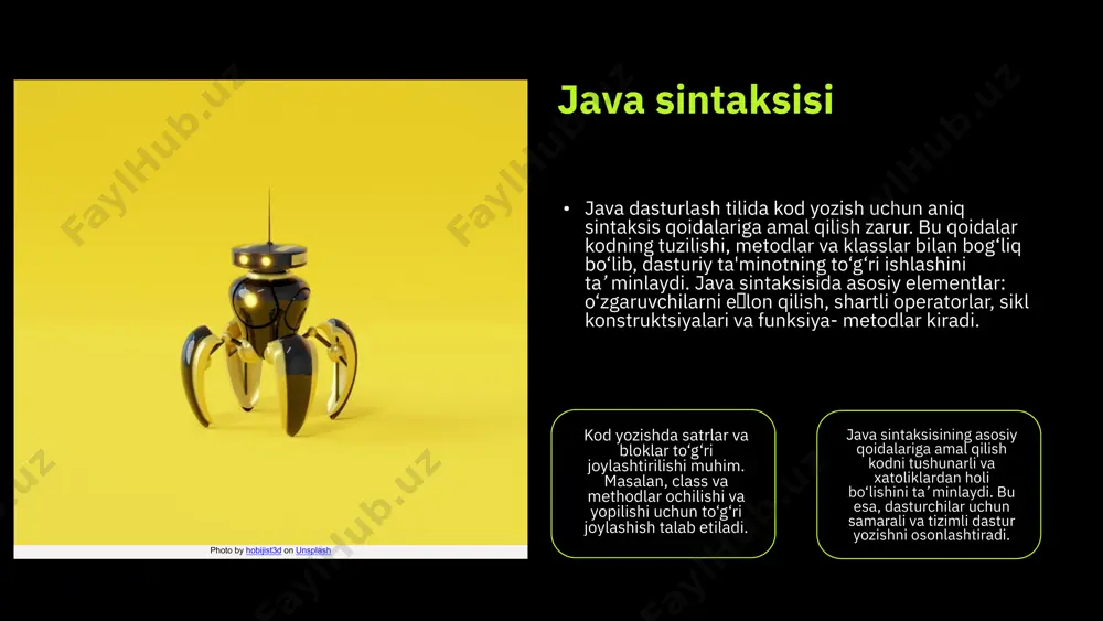 nining asosiy bosqichlari java dasturlashda kod yozish jarayoni sintaksisni tushunish, kodni tuzish, muammolarni aniqlash va hal qilishni o'z ichiga oladi. bu bosqichda aniq va strukturali kod yozish muhim, shuningdek, xatolarni aniqlash va tuzatish, shuningdek, kod sifatini oshirish uchun optimallashtirish ishlari bajariladi. e'tibor berilishi kerak bo'lgan jihatlar yaxshi kod uchun aniq sintaksis, modullilik, kommentlar yozish, test qilish, optimallashtirish va xatolarni tuzatish usullari muhim. shuningdek, kodni o'qilishi va tushunilishi uchun qulay qilish, izohlar yozish va yaxshi amaliyotlarni qo'llash kerak. kodni ishga tushirish va testlash java dasturini ishga tushirish uchun avvalo kodni 'javac' yordamida kompilyatsiya qilish kerak. keyin 'java' komandasi bilan dasturni ishga tushiramiz. testlash jarayonida unit, integratsiya va tizimli testlar o'tkaziladi. junit kabi kutubxonalar yordamida testlar yoziladi. to'g'ri testlash dastur xavfsizligi va barqarorligini ta'minlaydi. photo by thisisengineering on unsplash photo by maximalfocus on unsplash xatolarni aniqlash va tuzatish xatolarni tahlil qilish debug qilish uchun vositalar, loglarni tahlil qilish, testlarni o'tkazish va kod …
