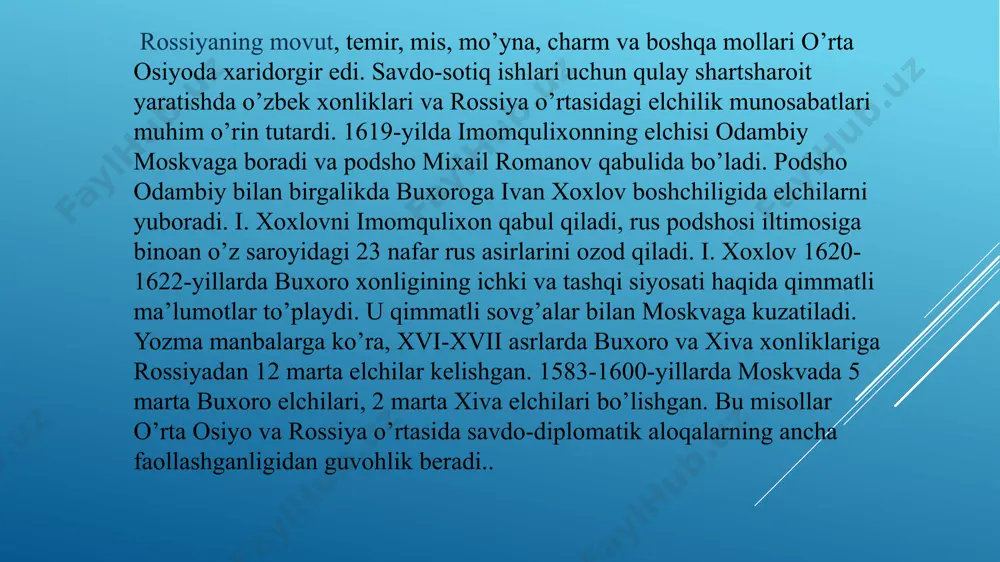atib, rossiya tobeligiga o’tish istagini bildiradi. 1732-yilda kichik juz, 1739-1740-yillarda semekexon boshchiligidagi o’rta juz, 1747-yilda katta juz ham rossiya tobeligiga o’tadi . natijada rossiya hukumati uchun o’rta osiyoni o’z ta’siriga bo’ysundirish yo’lida qulay imkoniyat yuzaga keladi. 1734-yili senat kotibi i.kirillov boshchiligida harbiy guruh tayinlanadi. u "orol dengizida rossiya bayrog’ini ko’tarish", "buxoro va undan hindistonga" boradigan yo’lni ochishi, oltin konlarini izlashni davom ettirishi lozim edi. 1735-yilda kirillov guruhi or daryosi bo’yida or qal’asini qurdi (keyinchalik bu qal’a atrofida orenburg shahri vujudga keladi), yoyiq va irtish sohillari (sibir)da istehkomlar barpo etdi. xonliklar savdogarlari rossiya bilan orenburgda savdo-sotiq qiladigan bo’lishdi. xviii asrning ikkinchi yarmidan boshlab rossiya savdo-­iqtisodiy aloqalarida o’rta osiyo xonliklarining ahamiyati yanada orta bordi. bunda, birinchidan, rossiyada rivojlanib borayotgan sanoat uchun xomashyo manbalari topishga intilish, ikkinchidan, osiyoda, xususan hindistonda angliya ta’sirining kuchayib borayotganligi sabab bo’lgan. xviii asr oxiri xix asr boshlarida rus sarmoyasi o’rta osiyo bozorida yetakchi o’rinni egalladi. ingliz mollari rossiya …