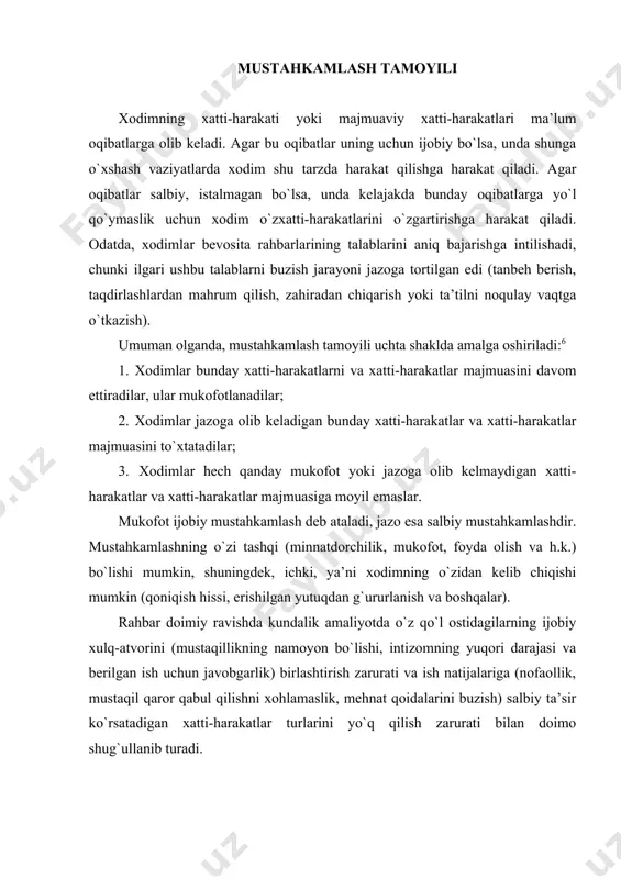n. ijobiy mustahkamlash salbiy mustahkamlash tashqi va ichki mustahkamlashlar o`rtasida to`g`ri muvozanatni topish nuqtai nazaridan taklif etgan ijobiy va salbiy mustahkamlashlar ro`yxatini baholash kerak. rahbar xodimlarni istalgan xulq-atvorga undashi bilan birga, o`zining obro`ini oshirishi, yutuqlarni boshdan kechirishi, yutuqlari bilan faxrlanishi va boshqalar kabi ichki mukofotlarga yetarlicha murojaat qilishi juda muhimdir. muloqat xodimlarni motivatsiyalash xususiyatlarini aniqlash usuli sifatida rahbar xodimning xususiyatlarini aniqlash usuli sifatida agar o`z qo`l ostidagilarning motivatsiyasini aniqlash uchun biror bir vositaga ega bo`lmasa, mehnatni motivatsiya qilish haqidagi xodimlar bilan bo`ladigan barcha muloqatlari foydasiz bo`ladi. muloqat bu yerda eng ishonchli vosita sifatida qo`llaniladi. xodimning motive haqida aniqroq tasavvurga ega bo`lish uchun, xodim bilan muloqatda aniqlanishi kerak bo`lgan kamida beshta savolni shakllantirishga harakat qiling. 45 5. izohlar: o`zining motivatsiyasining xususiyatlarini aniqlashga qaratilgan xodim bilan muloqat jarayonida rahbarning quyidagi savollarga javob olishi foydali bo`ladi: 1. u o`z mehnat faoliyatidan nimani kutadi? 2. uning kelgusi strategik rejalari qanday? 3. u o`zi uchun …